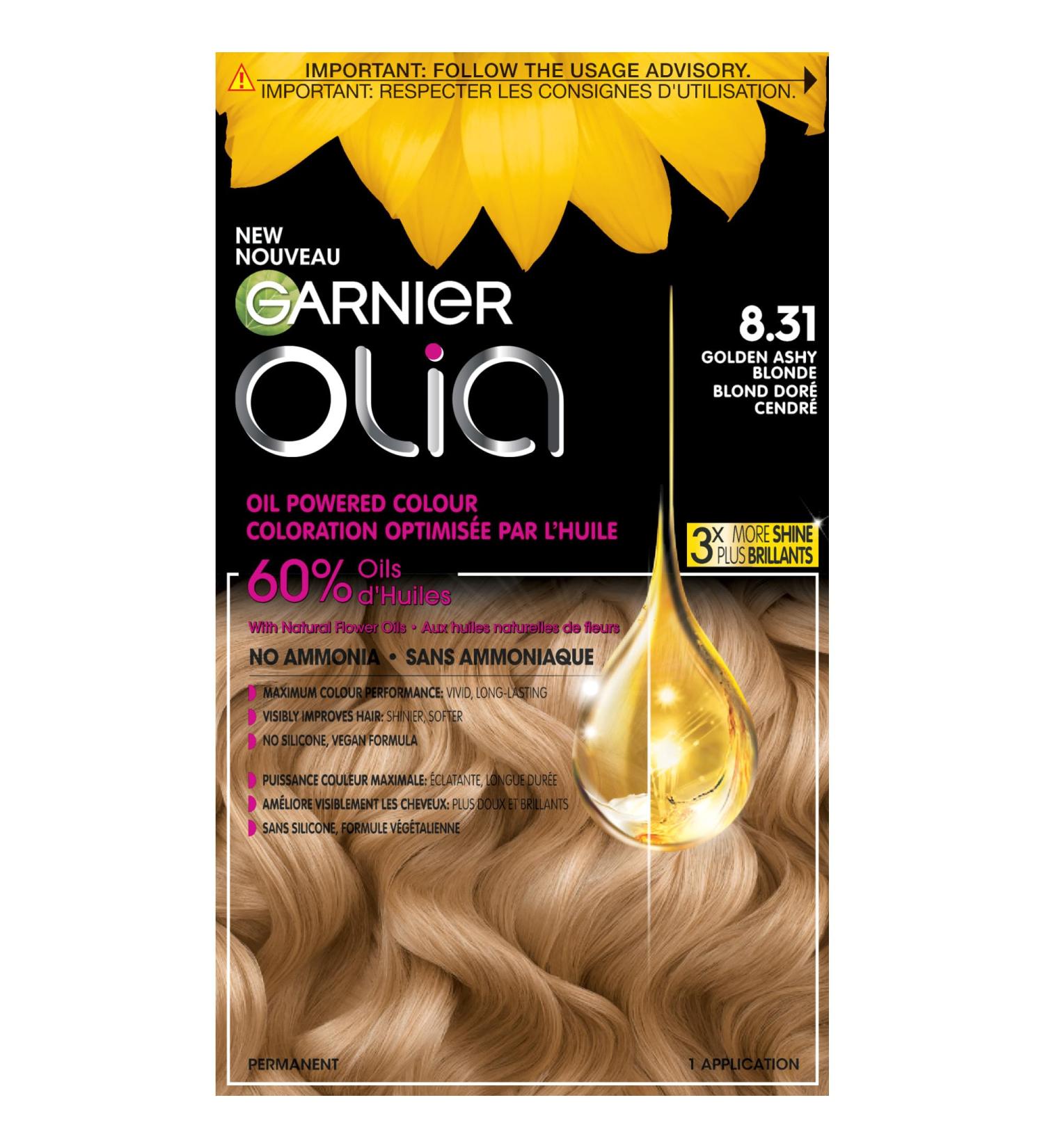 Garnier Olia Permanent Hair Dye Ammonia-Free Hair Color 8.31 Golden Ashy Blonde 100% Grey Coverage Long-Lasting Hair Shine With 60% Oils 1 Application LIGHT / BLONDE SHADES 8.31 Golden Ashy Blond - Buy Online on GoSupps.com