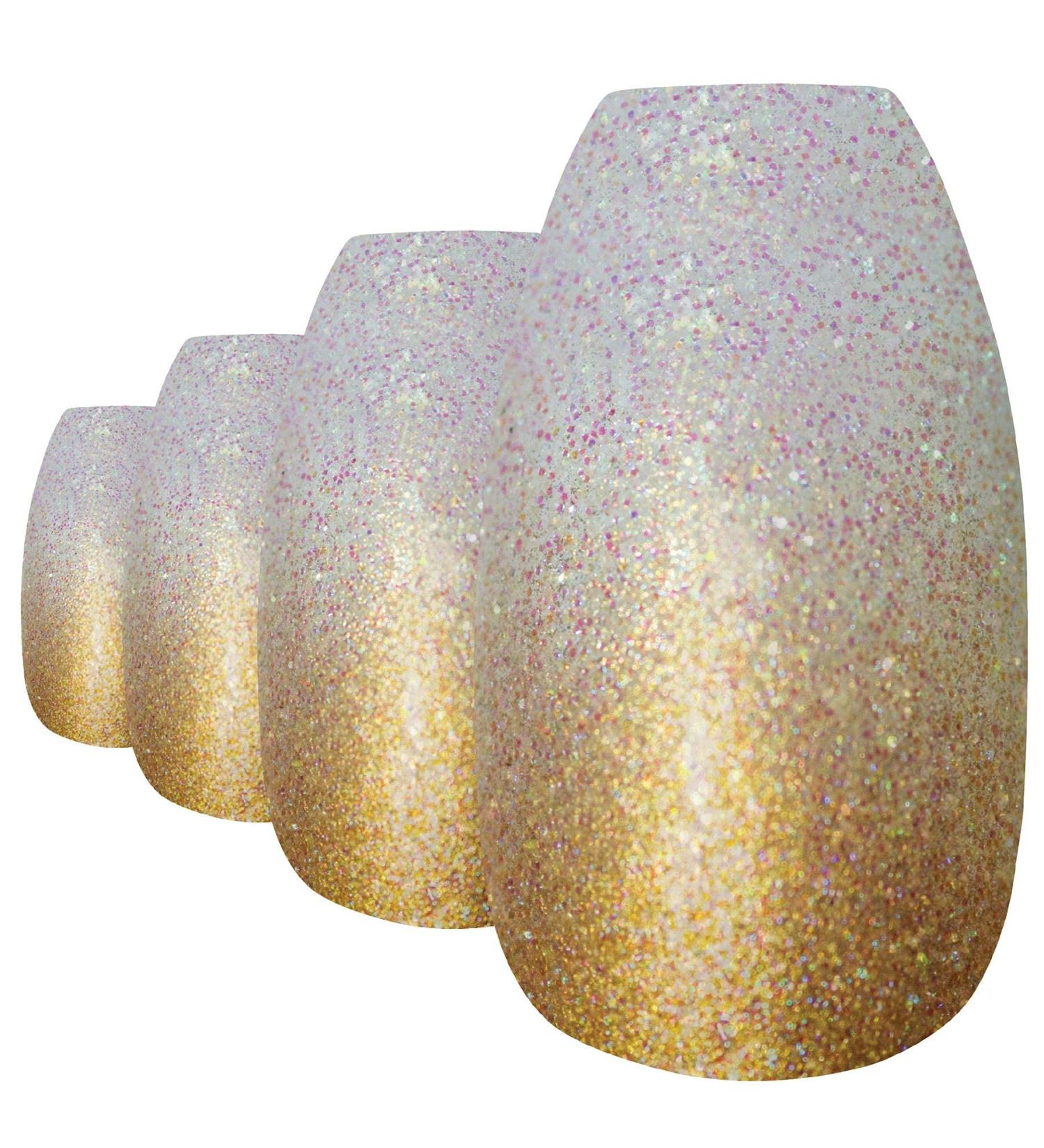 Bling Art False Nails - Gold Gel Ombre Ballerina Coffin | 24 Long Artificial Nails with Glue for International Shipping - Buy Online on GoSupps.com