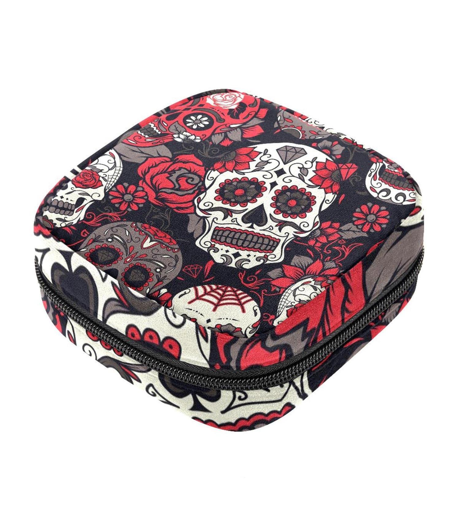 Stylish Menstruation Pad Bag with Zipper - Women's Napkin & Tampon Collection Bag (Day of the Dead Sugar Skull Floral) - Perfect for Girls - Buy Online on GoSupps.com