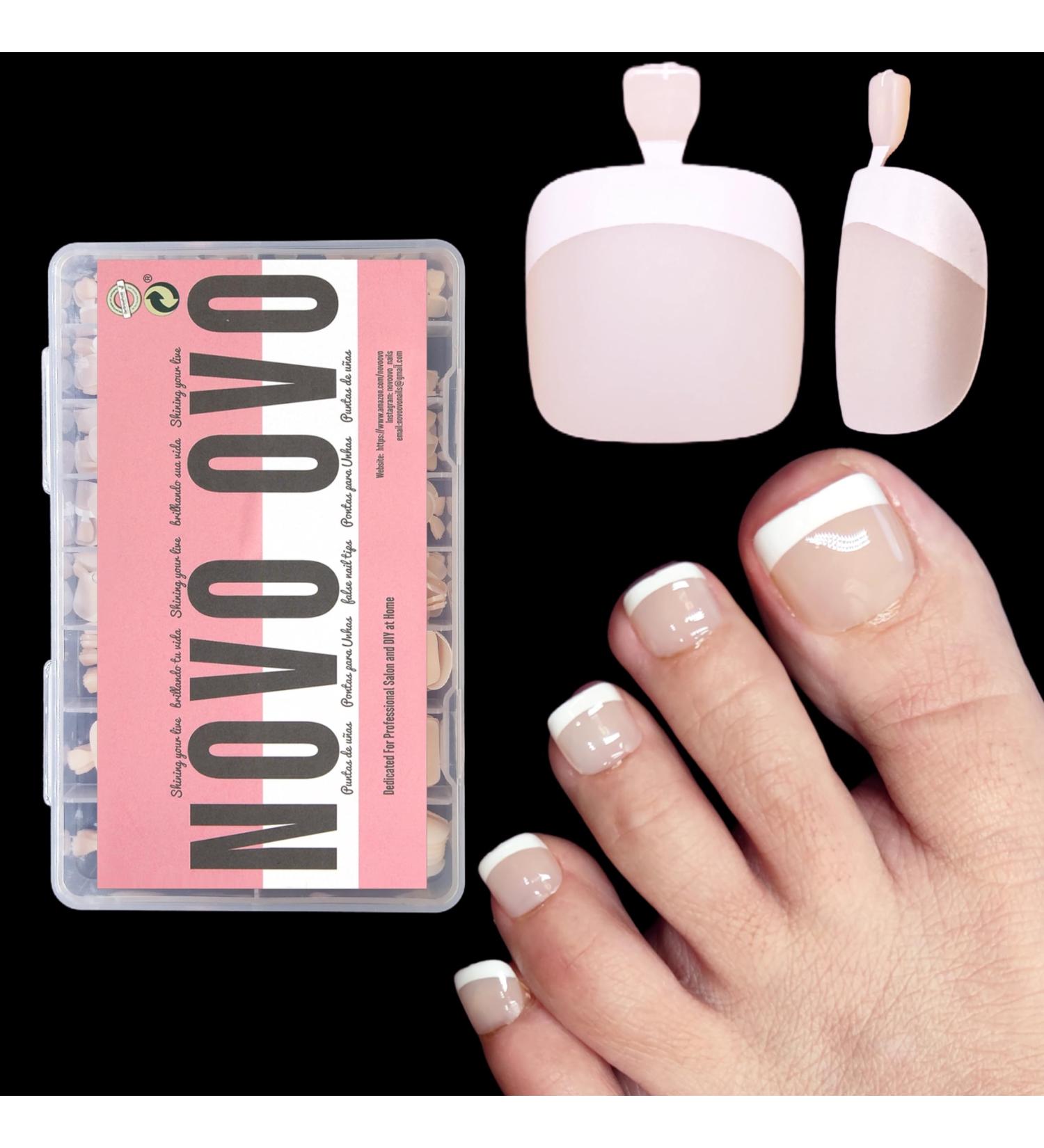 NOVO OVO Nude Pink French Tip Toenail Extensions - 360Pcs Soft Gel Full Cover False Nails - DIY Nail Kit with Pre-Applied Tip Primer - Square/Round Shape - 15 Sizes Included - Buy Online on GoSupps.com