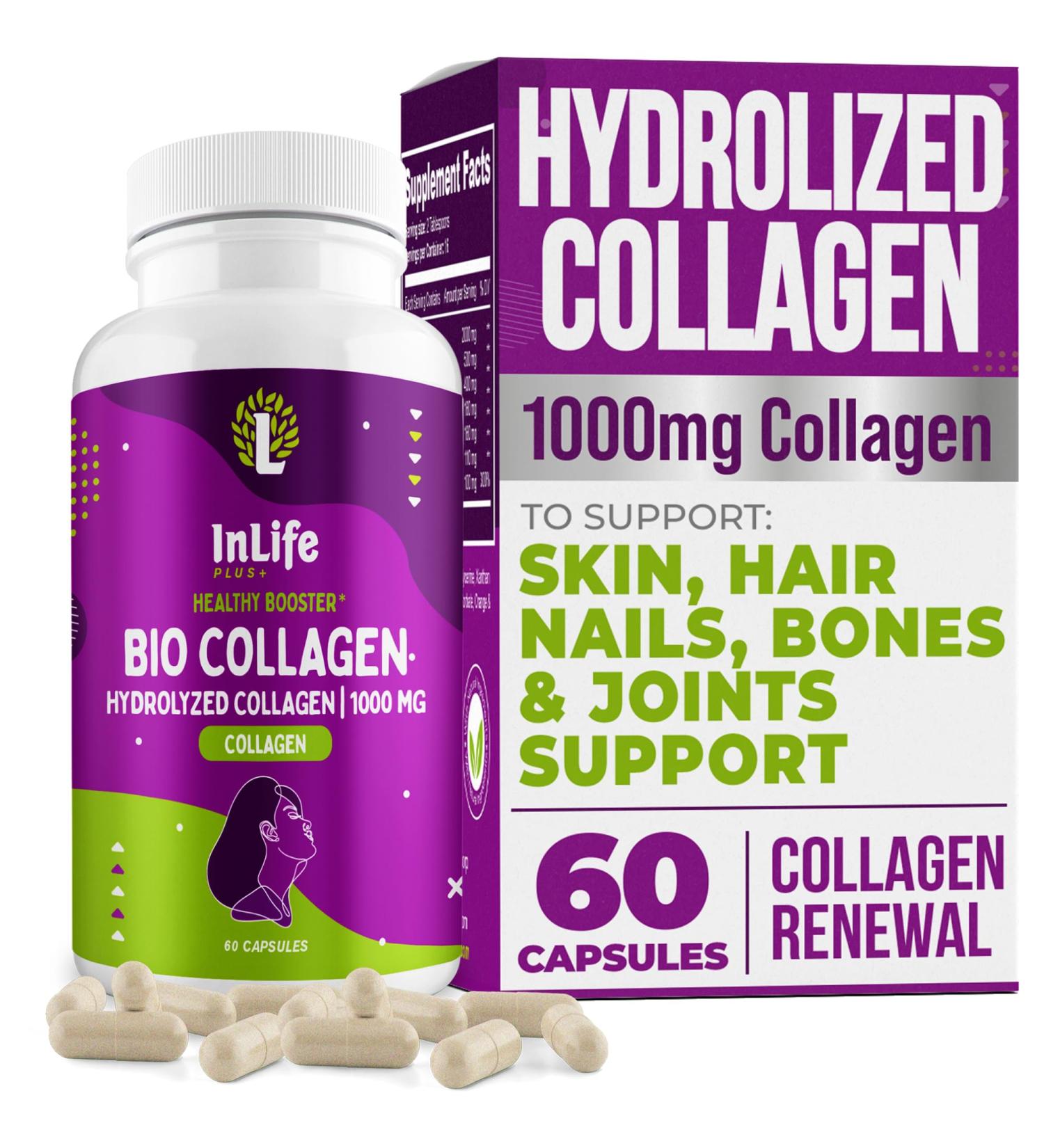 Inlife Plus + Hydrolyzed Collagen Peptides (60 Count), 1,000mg Per Serving, Beauty Joint and Anti Aging Support for Hair Skin Nails Bones and Joints, Collagen for Women and Men (30-Day Supply) (1) - Buy Online on GoSupps.com