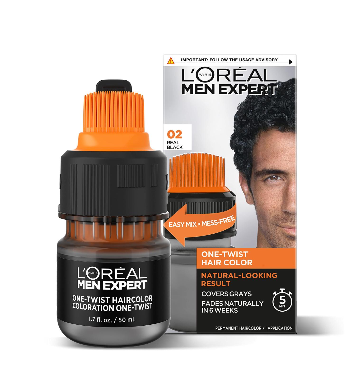 L'Oreal Paris Men Expert One Twist Mess Free Permanent Hair Color - Real Black 02 - Ammonia Free Dye to Cover Grays - Easy No Mix Application - 1 Kit - Buy Online on GoSupps.com