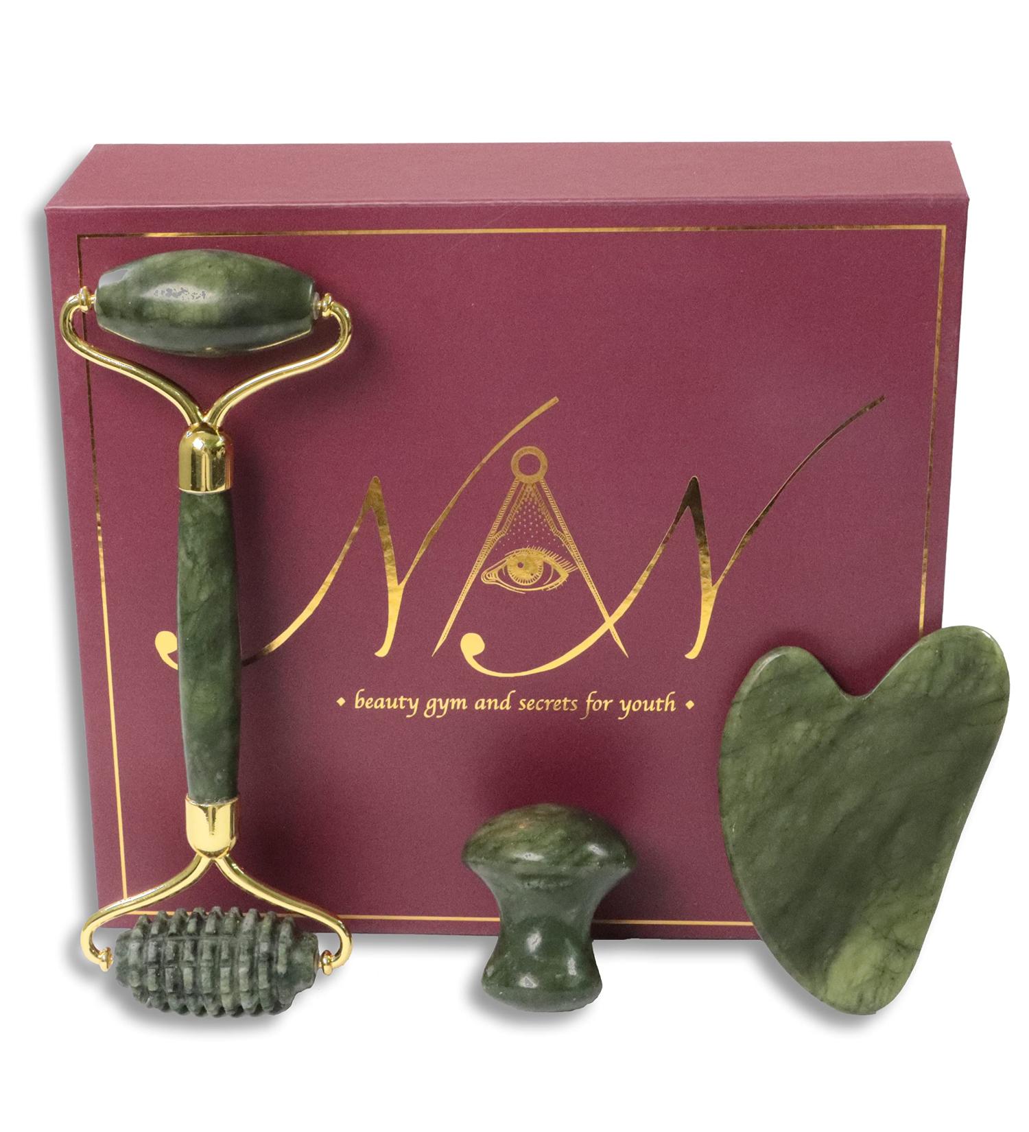New Age Jade Roller Gua Sha Set for Eye Puffiness, Dark Circles, Wrinkles - 3 in 1 Kit with Mushroom Face Massager for Muscle Relaxation and Skin Care Routine - Buy Online on GoSupps.com