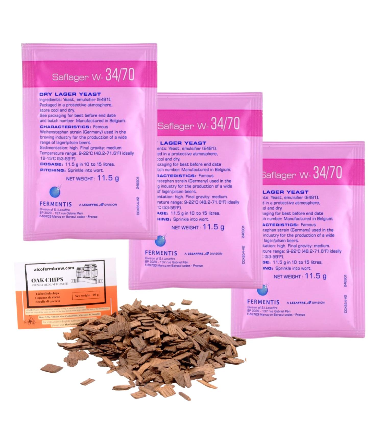 3 x Fermentis W 34/70 Yeast + Oak Chips, Brewer's Yeast