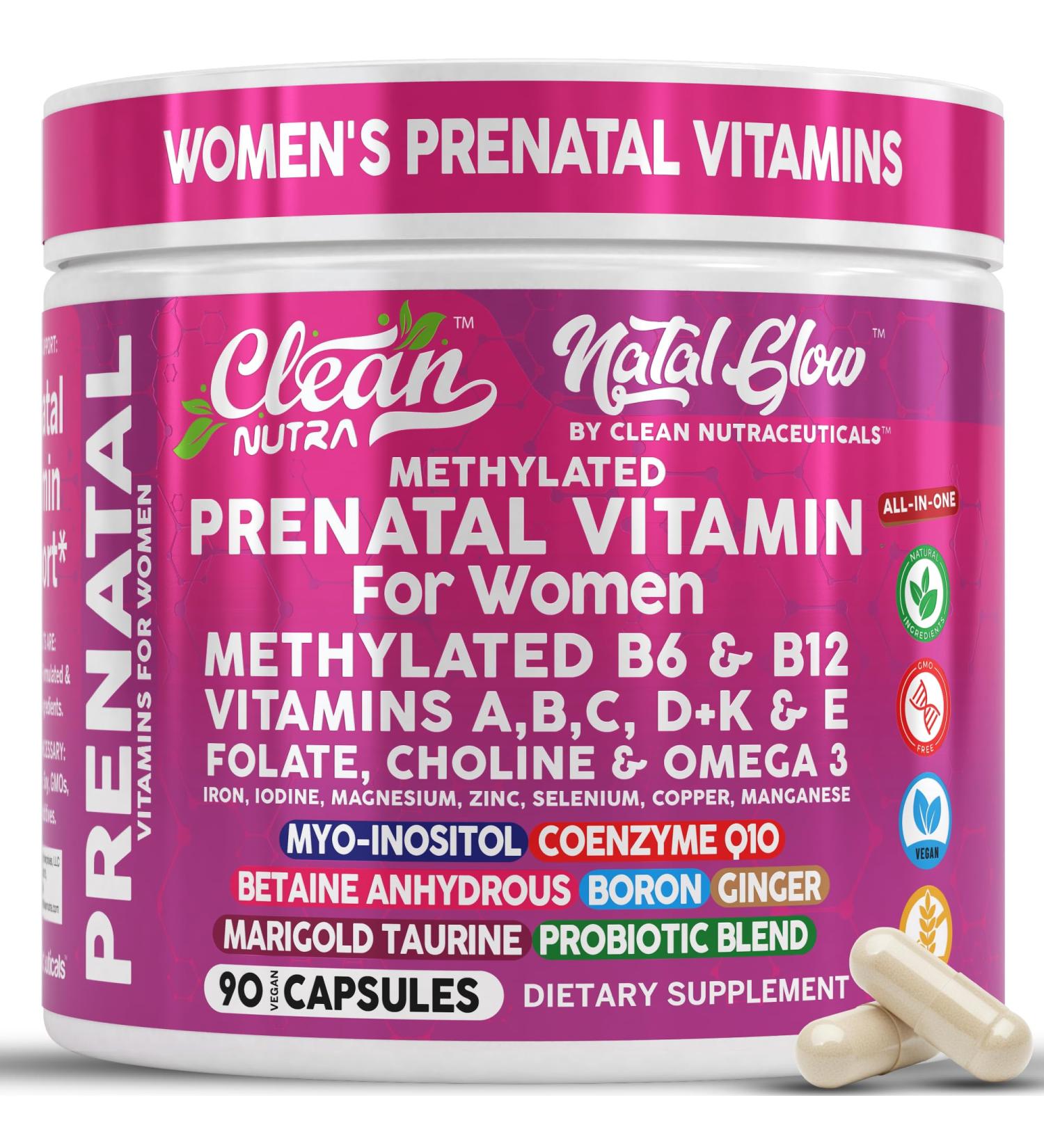 Natal Glow Methylated Prenatal Vitamins for Women Folate Omega 3 Vitamins A B12 C D3 E K2 Iron Riboflavin Biotin Choline Calcium Iodine Magnesium Zinc Selenium Copper Manganese by Clean Nutra - Buy Online on GoSupps.com