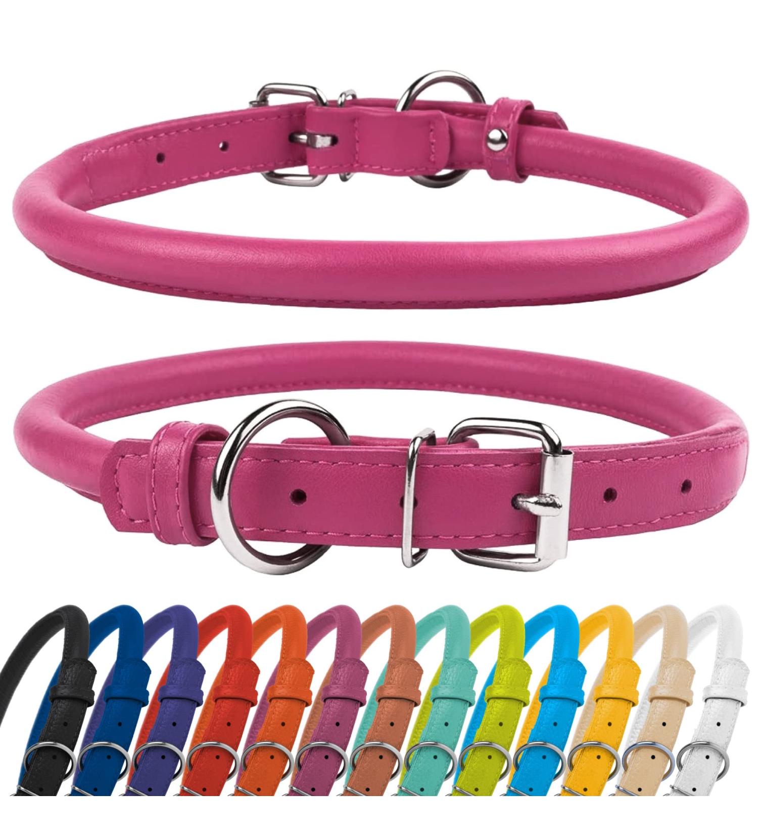 CollarDirect Handmade Rolled Leather Dog Collar - Soft Padded Round Puppy Collar for Small to Large Dogs and Cats - Genuine Leather in Pink (12-15 Inch) - Buy Online on GoSupps.com