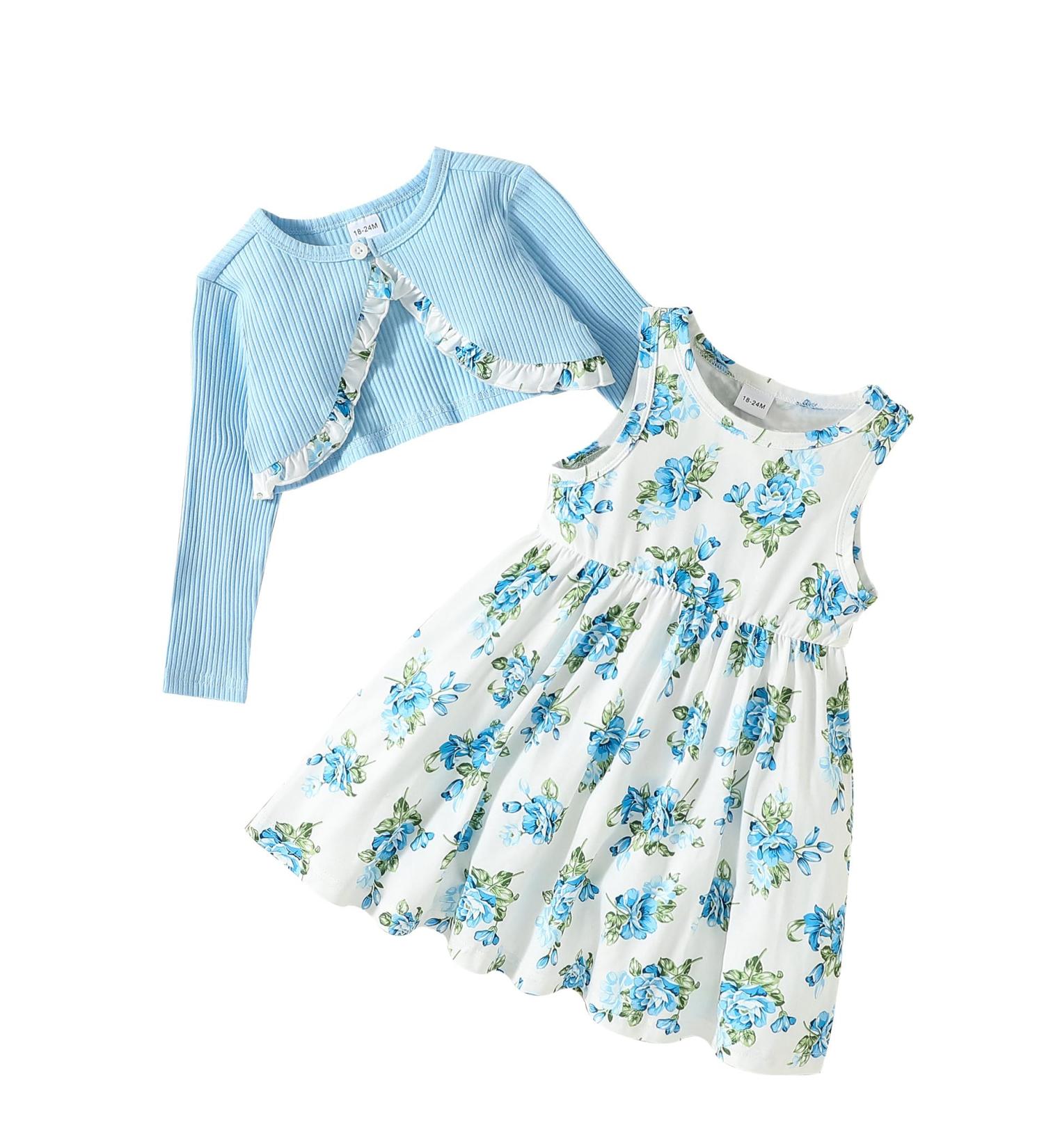 Puseky Toddler Girl Floral Print Dress and Ribbed Cardigan Set 3-4 Years Blue - Buy Online on GoSupps.com