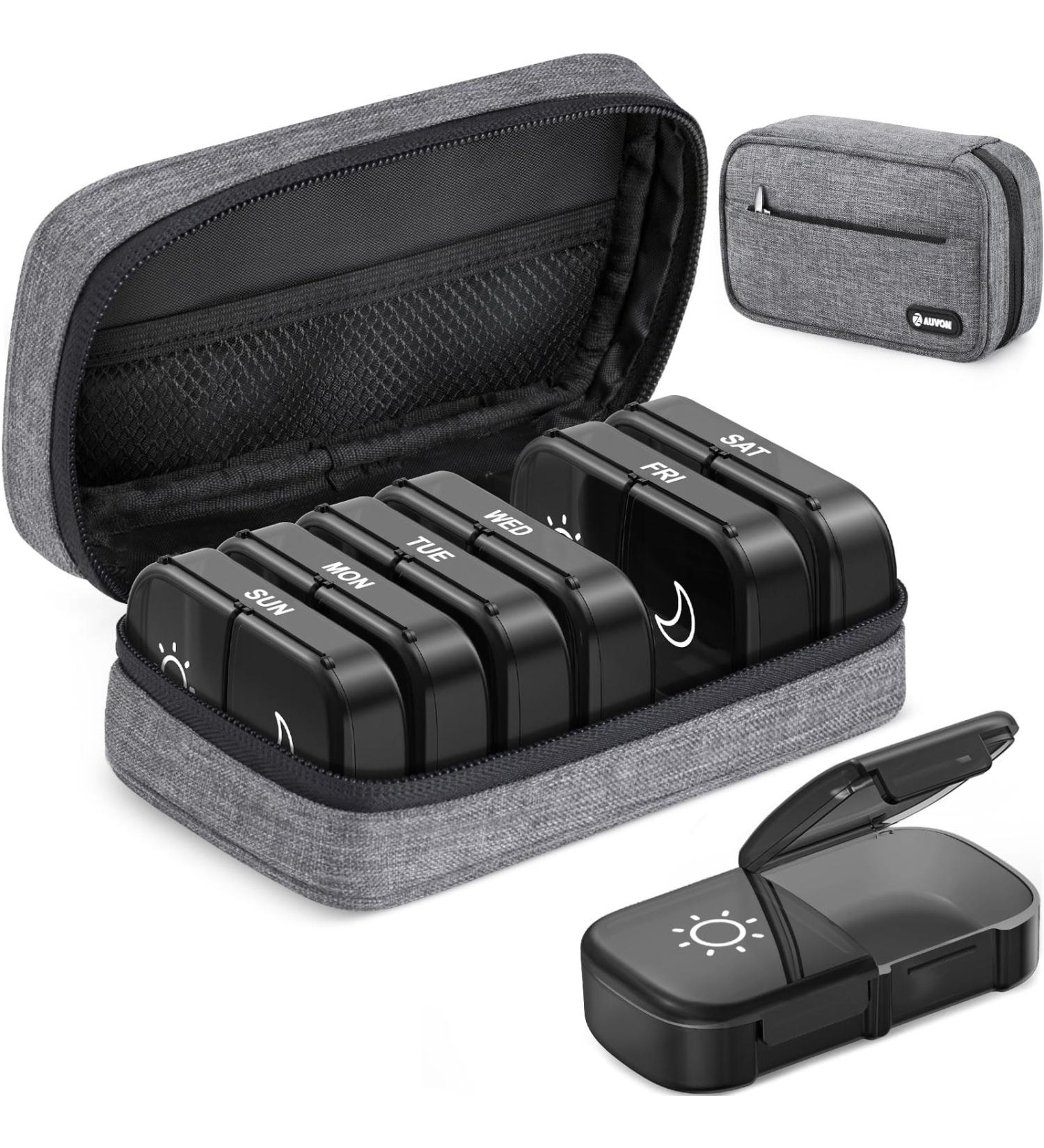 AUVON XL Weekly Pill Organizer & Travel Pill Box | 7-Day AM PM Pill Case with Large Opening & Portable Cloth Bag for Vitamins & Supplements - Buy Online on GoSupps.com