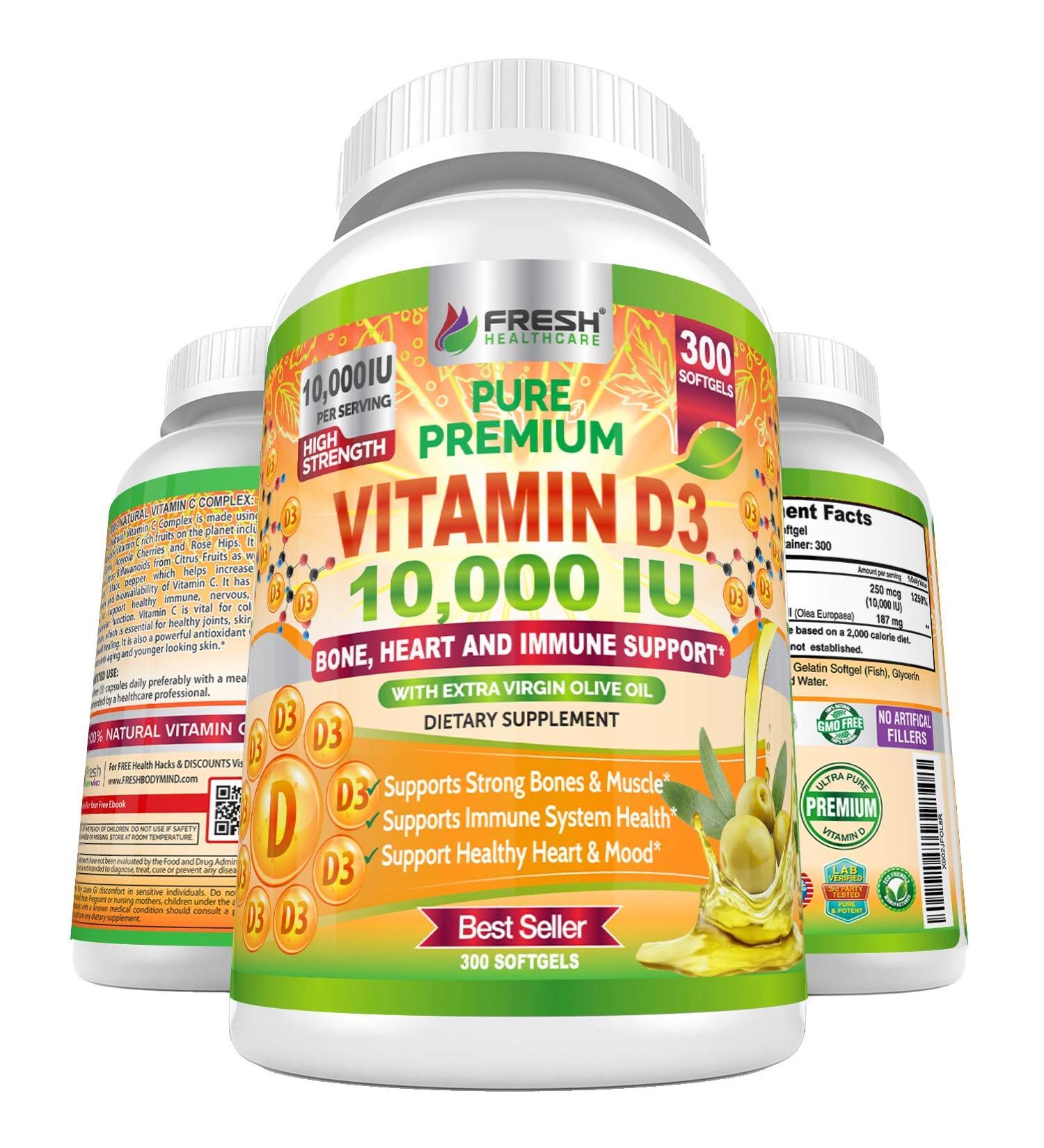 Premium Vitamin D3 10000 IU Infused with Olive Oil - 300 Softgels - Immune & Heart Health Support - Buy Online on GoSupps.com