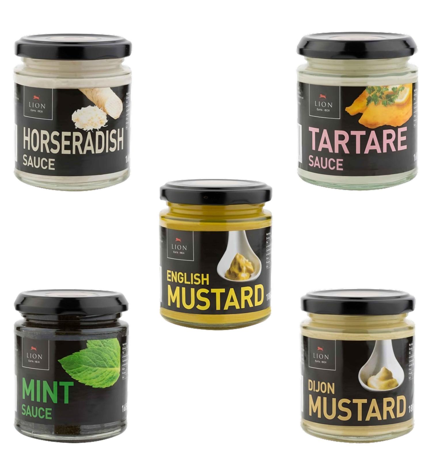 Lion Retail Condiments Mustard & Sauce Pick N Mix - Choose From 4+ Flavors |English Dijon Creamed Horseradish Mint Tartare | Pack of 4 - Buy Online on GoSupps.com