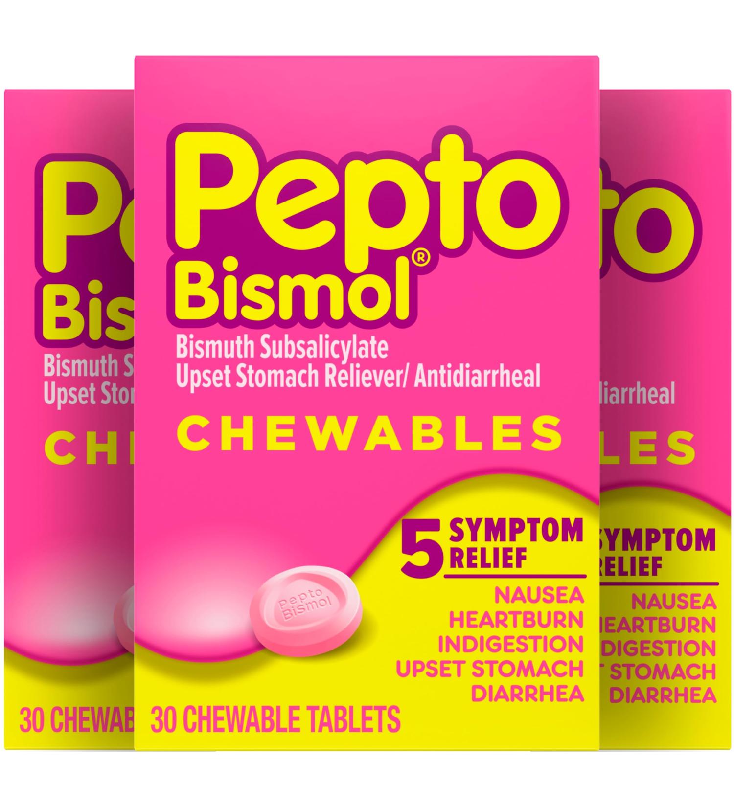 Pepto Bismol Chewable Tablets Upset Stomach Relief Nausea Relief Heartburn Relief Indigestion Relief Anti Diarrhea Medication for Adults - 5 Symptom Relief 90 Chewable Tablets (3x30 ct) 30 Count (pack of 3) Chew 3x30ct - Buy Online on GoSupps.com