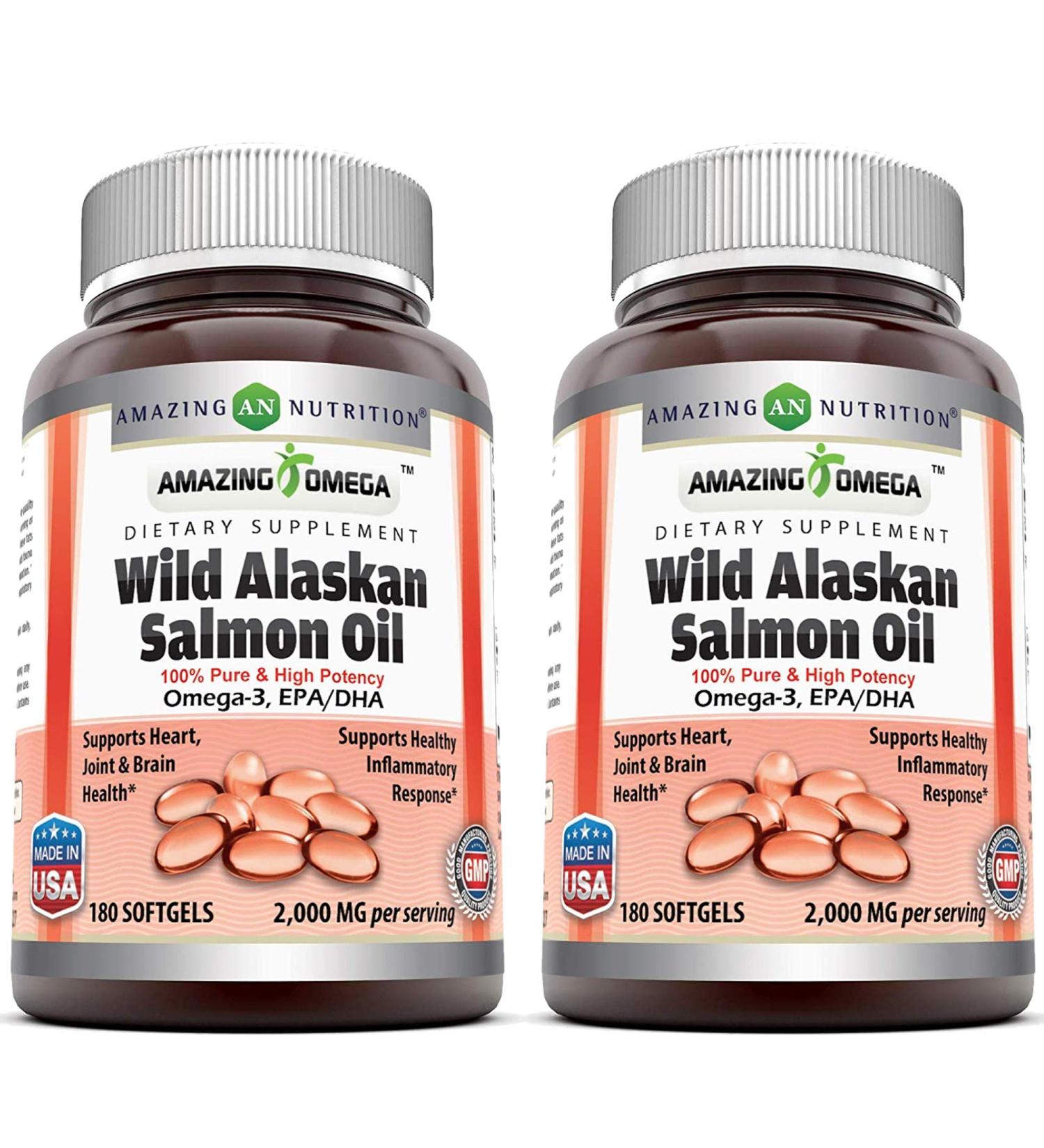 Amazing Omega Wild Alaskan Salmon Oil 2000mg Per Serving Softgels Supplement (180 | 2 Pack) Unflavored | 180 | 2 Pack - Buy Online on GoSupps.com