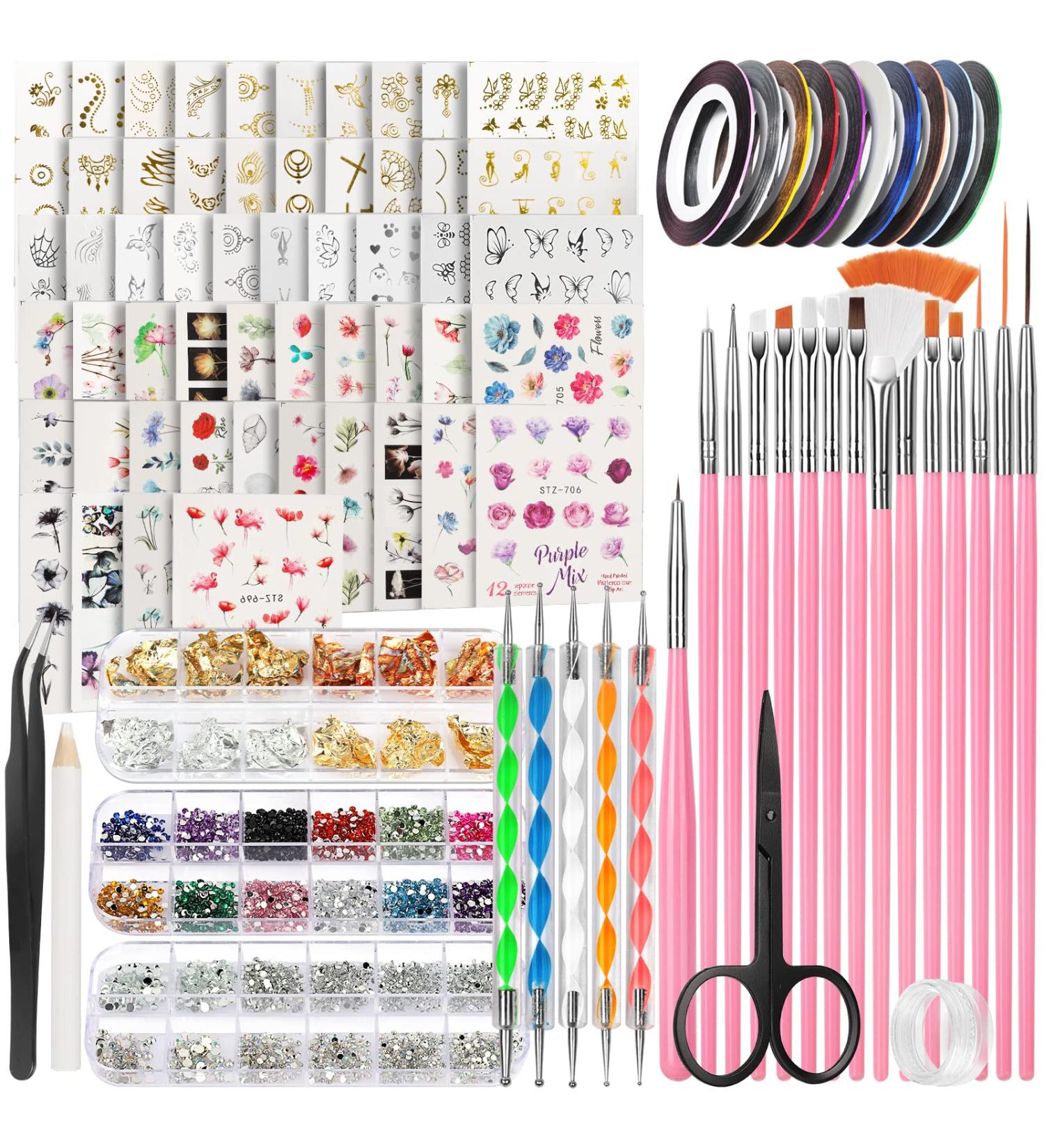 Water Transfer Nail Art Stickers with Nail Art Brushes Set FANDAMEI 54 Sheets Nail Decals Stickers Nail Design Brush Nail Dotting Tool Nail Striping Tape Nail Gems & Rhinestones Nail Art Foil Pink - Buy Online on GoSupps.com