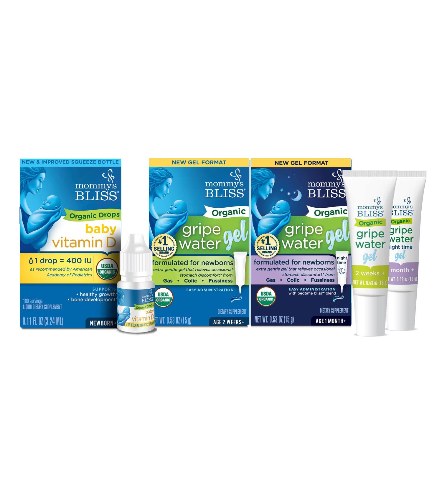 Mommy's Bliss Organic Baby Vitamin D Drops 100 Servings (Pack of 1) with Organic Gripe Water Original and Night Time Gels 45 Servings Each (Pack of 1-Day/1-Night) Baby Vitamin D Drops + Gripe Water Original & Night Time Gels