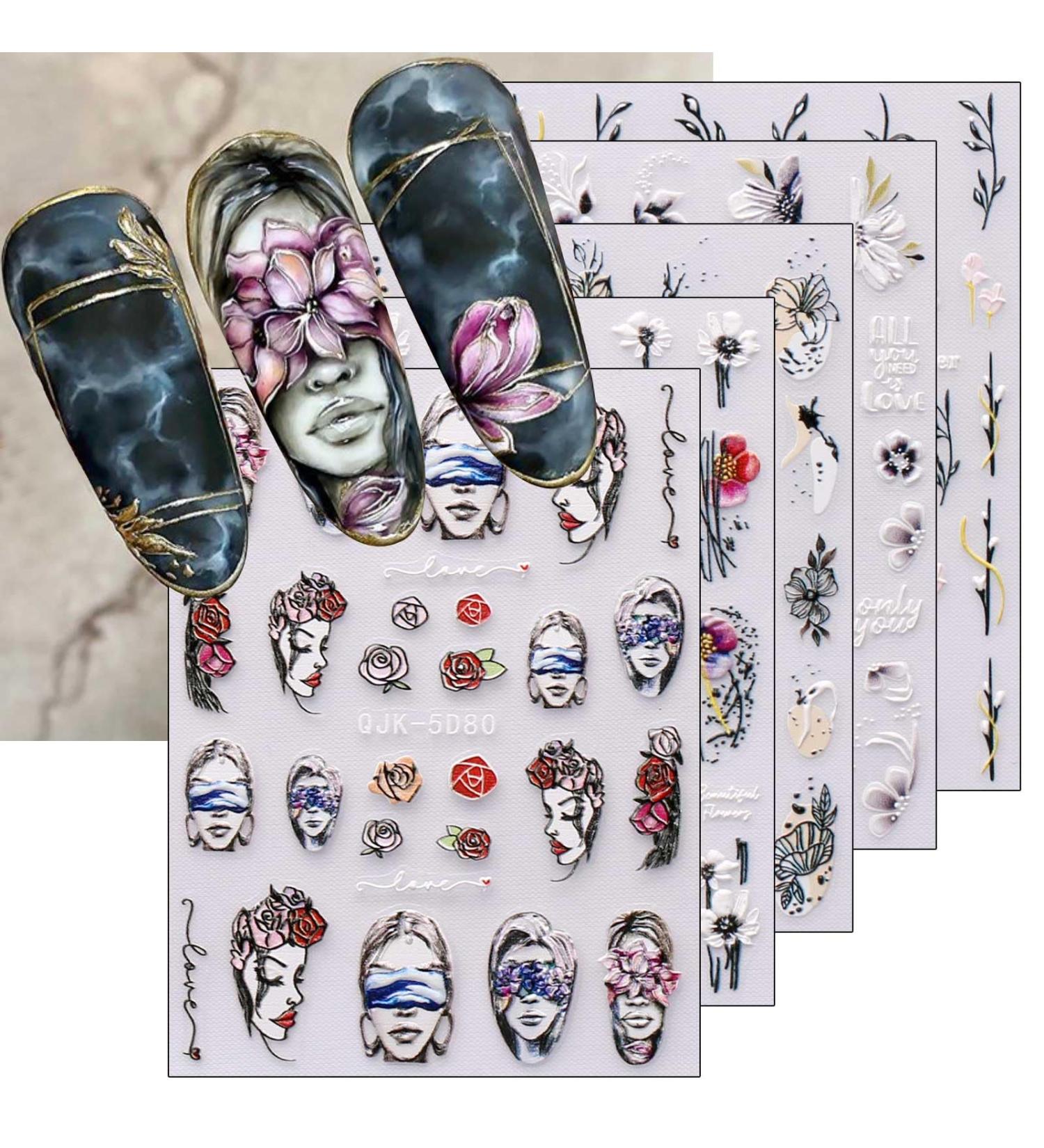 JMEOWIO 6 Sheets 3D Embossed Spring Flower Nail Art Stickers Decals Self-Adhesive 5D Colorful Summer Floral Nail Supplies Nail Art Design Decoration Accessories - Buy Online on GoSupps.com