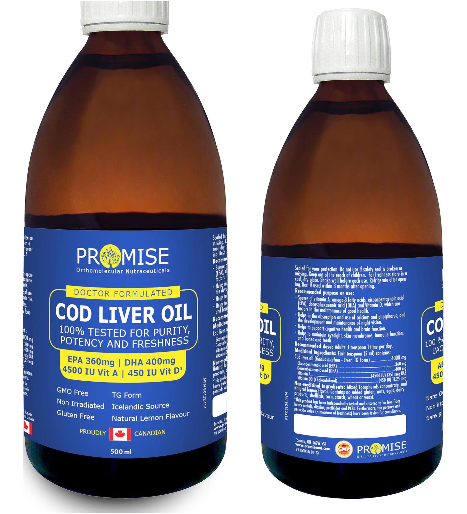 Promise Cod Liver Oil 100% Tested for Purity Potency and Freshness EPA 360mg | DHA 400mg 4500 IU Vit A | 450 IU Vit D3 Made in Canada (500ml) 500 ml (Pack of 1) - Buy Online on GoSupps.com