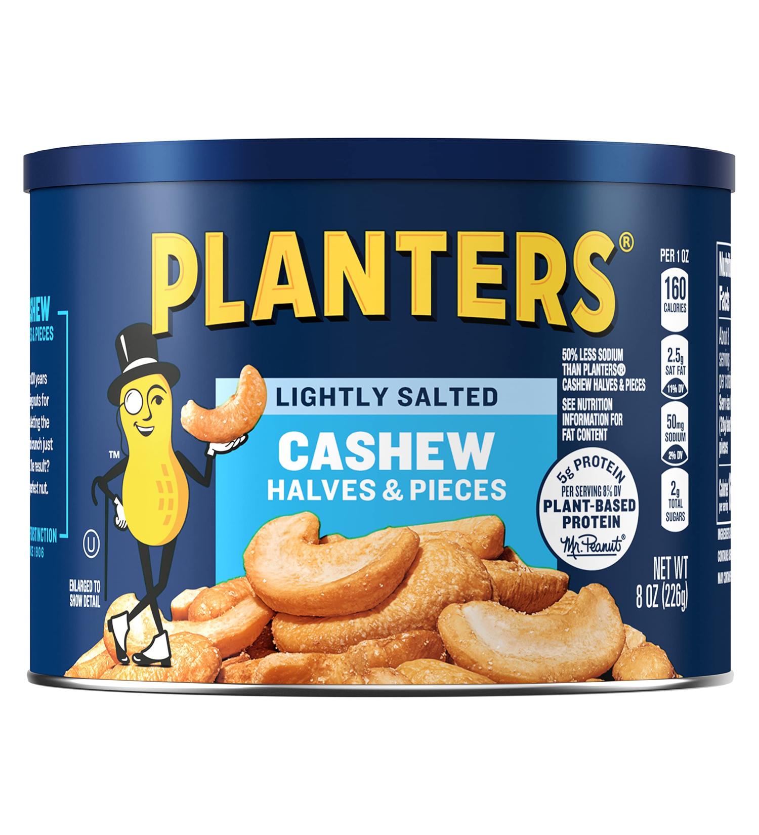 PLANTERS Lightly Salted Cashew Halves & Pieces 8 oz Canister | Roasted in Peanut Oil, Seasoned with Sea Salt | Perfect Snack for Adults | Resealable Lid for Freshness | Kosher - Buy Online on GoSupps.com