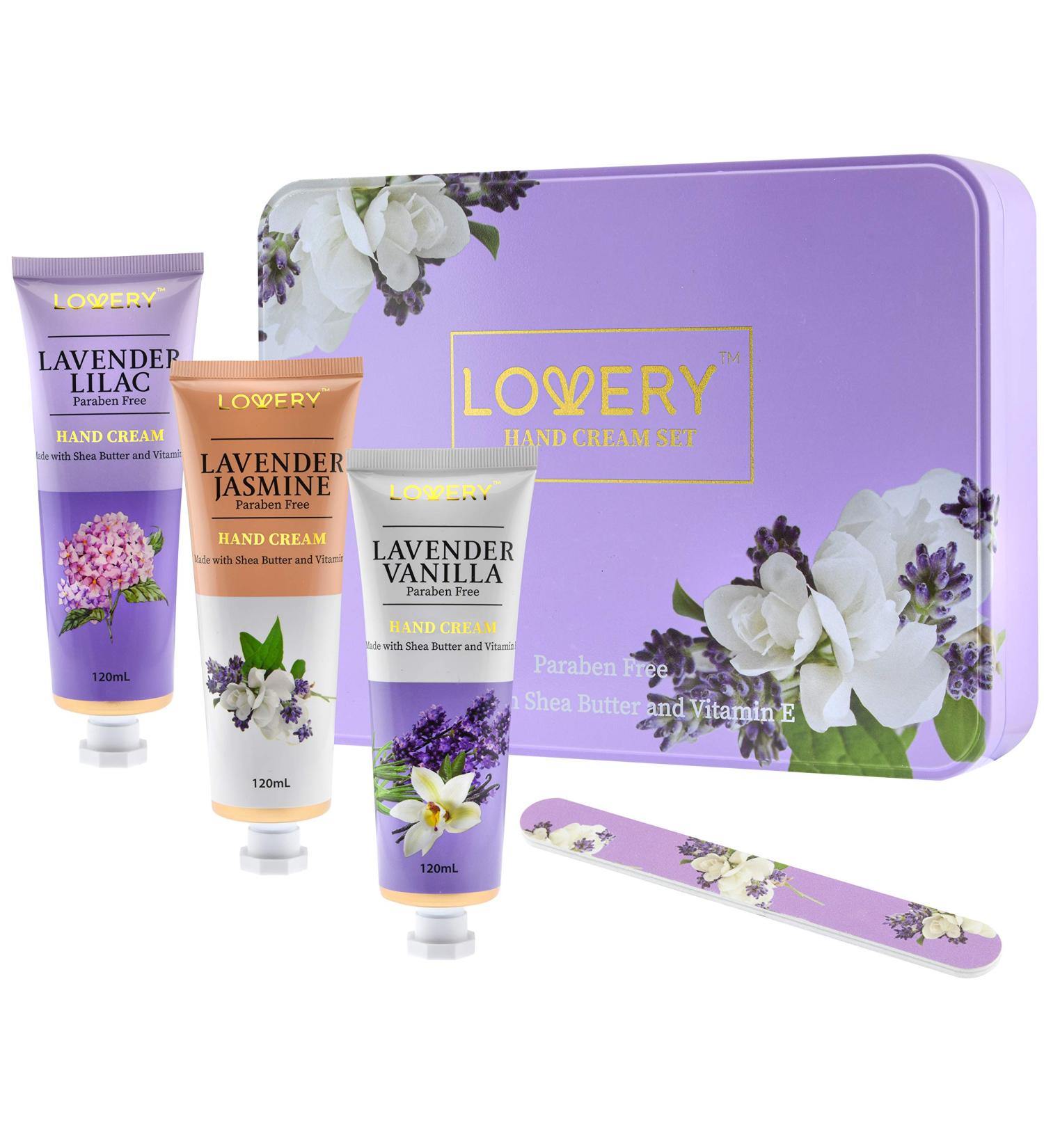 Fathers Day Gifts: Lavender Hand Lotion Set - 3 Luxury Hand Creams Gift Set with Lavender Jasmine, Lilac, and Vanilla scents - Includes Nail Filer in Metal Box - Enriched with Vitamin E & Shea Butter - Paraben Free - Buy Online on GoSupps.com