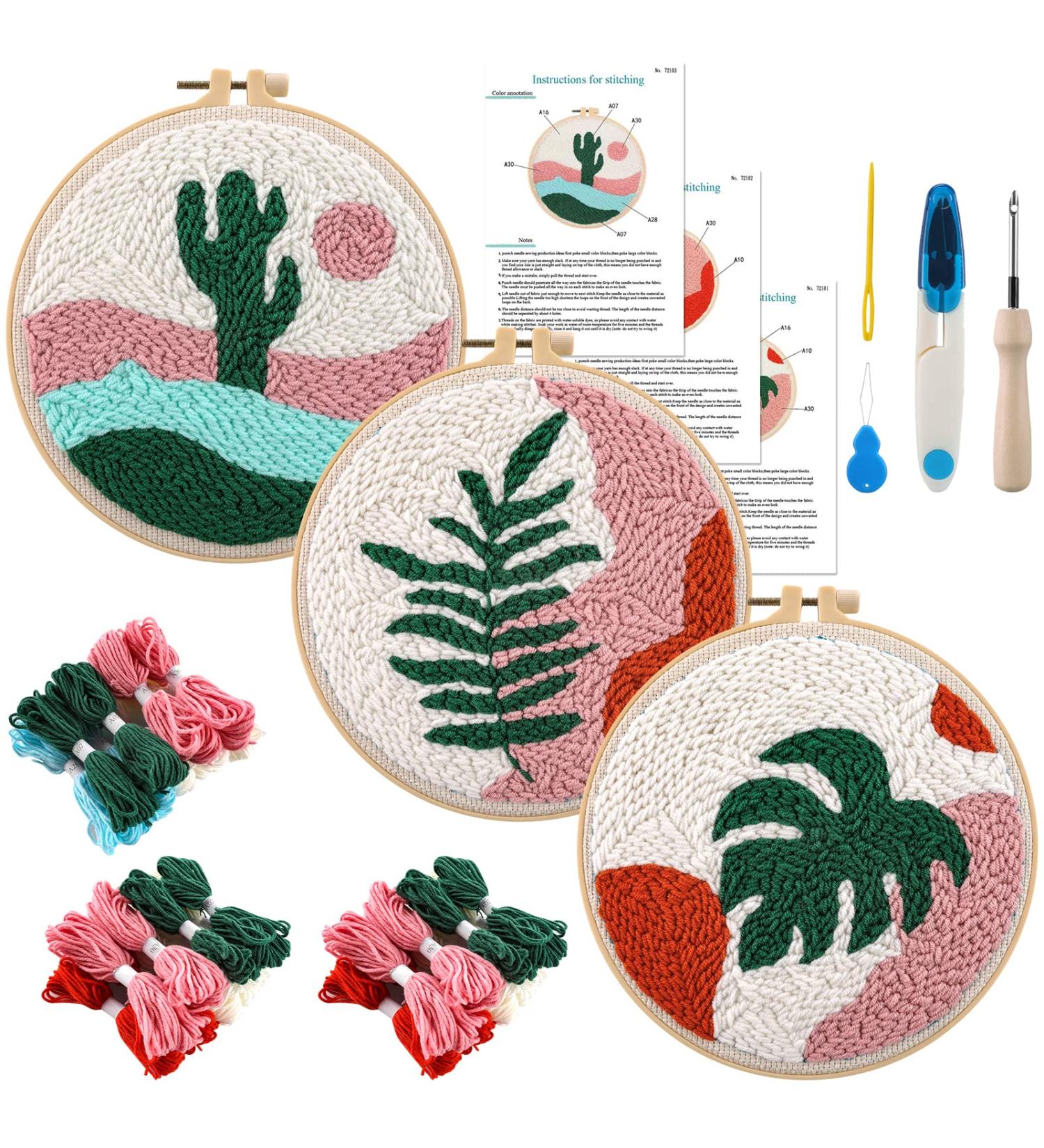 Anidaroel 3 Sets Punch Needle Kits for Adults Beginners - Punch Needle Tool with Hoops, Yarns, and Sewing Needles - Morandi Tropical Plants Designs - Buy Online on GoSupps.com