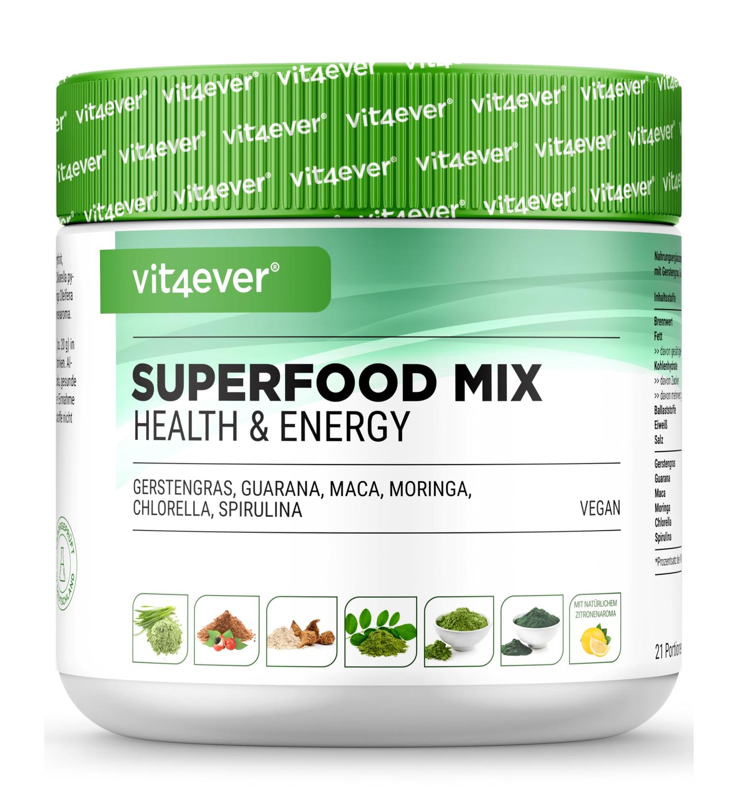 Superfood Powder Blend - 420g Vegan Shake with Barley Grass Guarana Maca Chlorella Spirulina & Moringa - 100% Natural Lemon Flavor - Buy Online on GoSupps.com