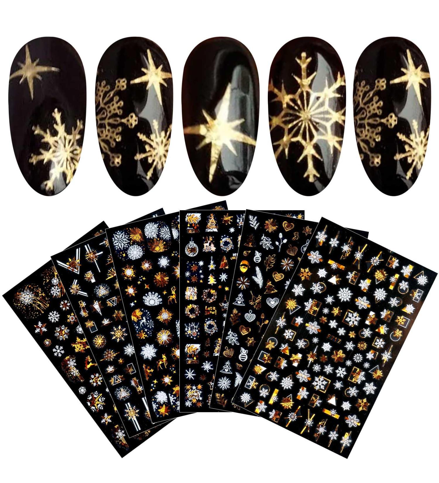 8 Sheets Christmas Nail Art Stickers Decals Self-Adhesive Gold White Winter Snowflakes Nail Supplies Nail Art Design Decoration Accessories - Buy Online on GoSupps.com