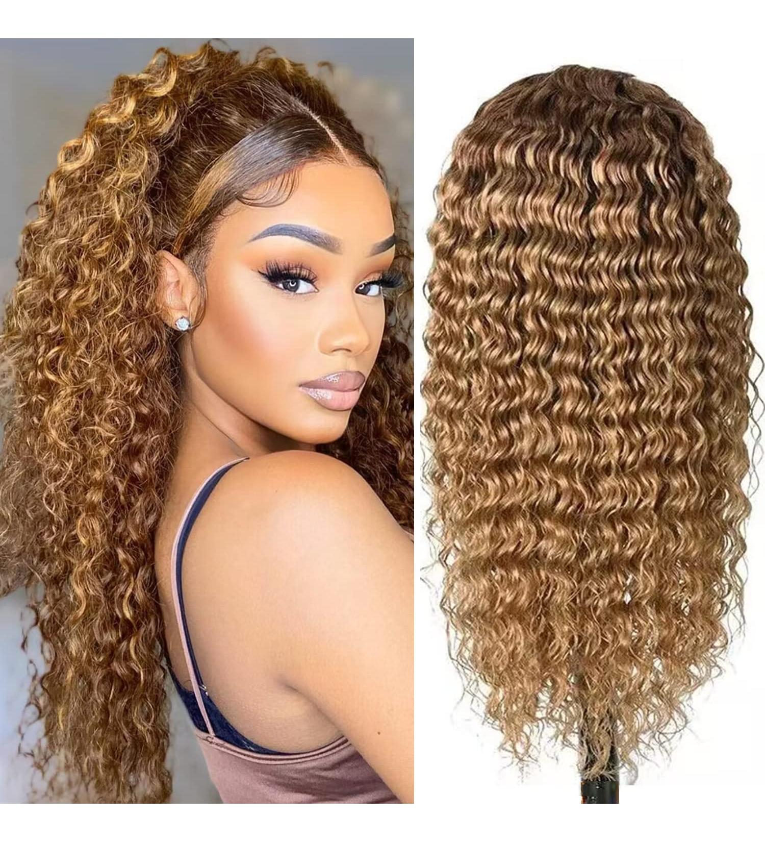 Honey Blonde Ombre Curly Lace Front Wig | Human Hair | Glueless Transparent Lace | 180% Density | 18 inch - Buy Online on GoSupps.com