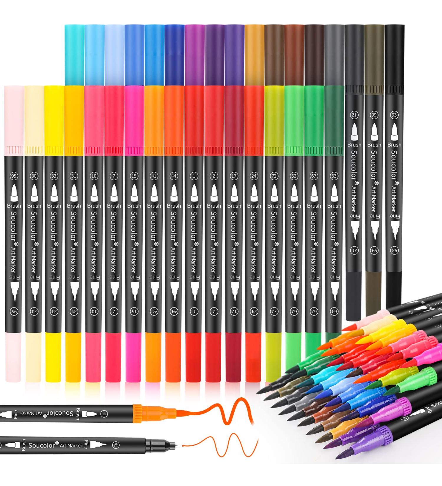 Soucolor Art Brush Markers Pens - 34 Dual Tip Colors for Adult Coloring Books and Calligraphy - Buy Online on GoSupps.com