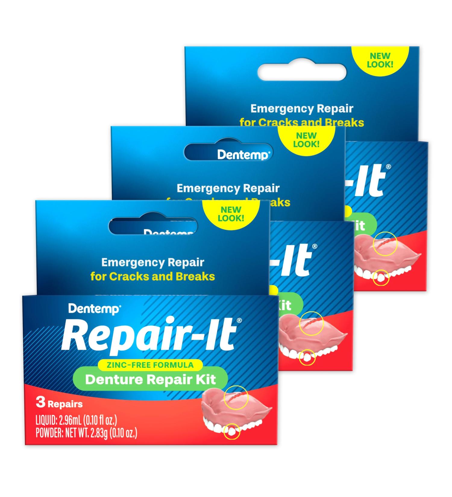 Dentemp Repair Kit - Repair-It Advanced Formula Denture Repair Kit (Pack of 3) - Denture Repair Kit Repairs Broken Dentures - Denture Repair to Mend Cracks & Replace Loose Teeth - Buy Online on GoSupps.com