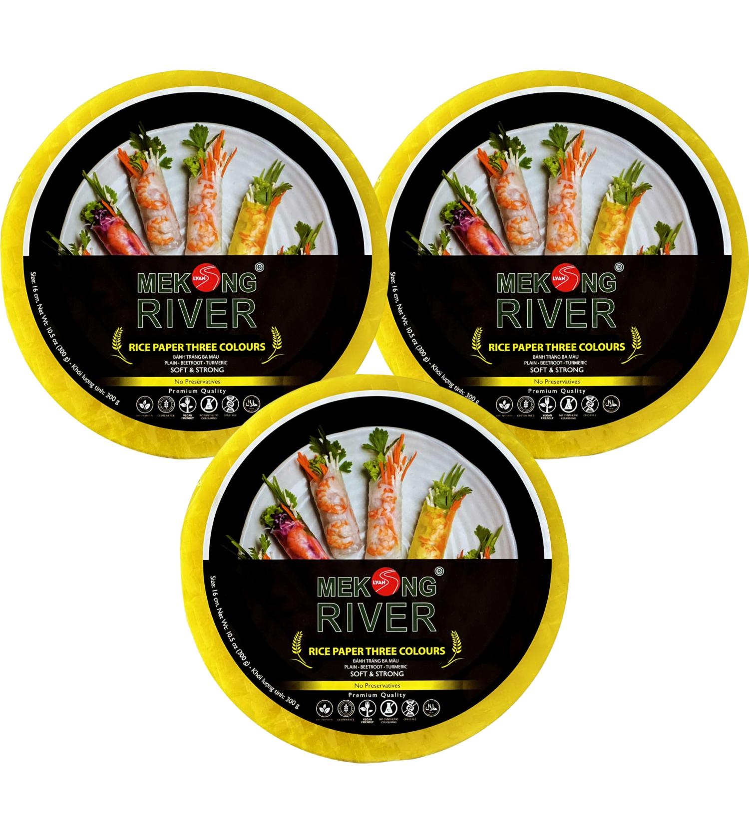 Lyan Mekong River Banh Trang Vietnamese Three Colours Rice Paper Round 16cm - 300g - Pack of 3 | Gluten-Free | Vegan | 100% Natural Rice Paper - Buy Online on GoSupps.com