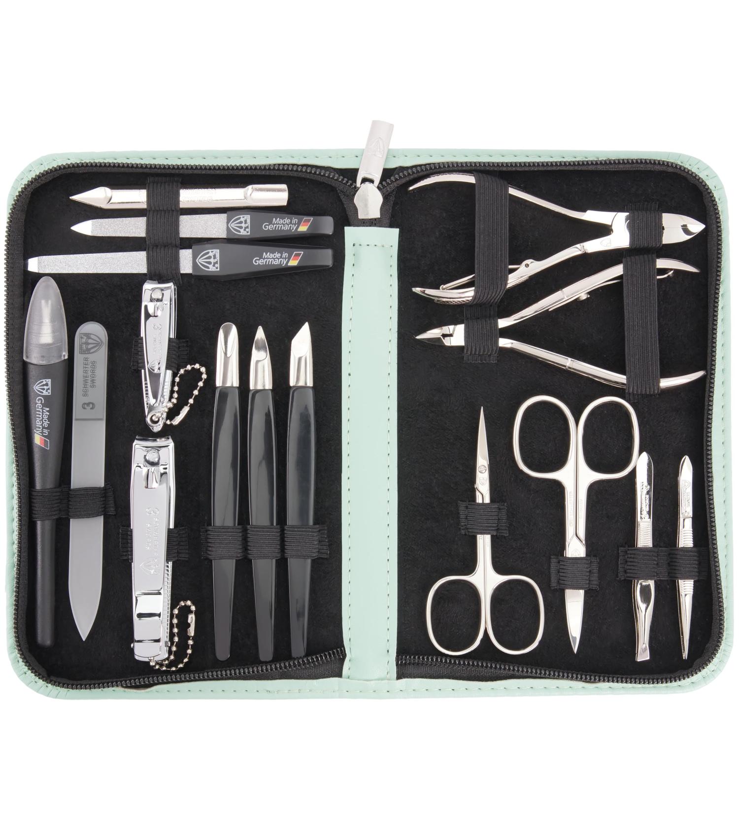 Three Swords 16 pcs Manicure Pedicure Set 'Cinisello' | High-Quality Mint Synthetic Leather Nail Case | Complete Hand & Foot Care Tools - Buy Online on GoSupps.com