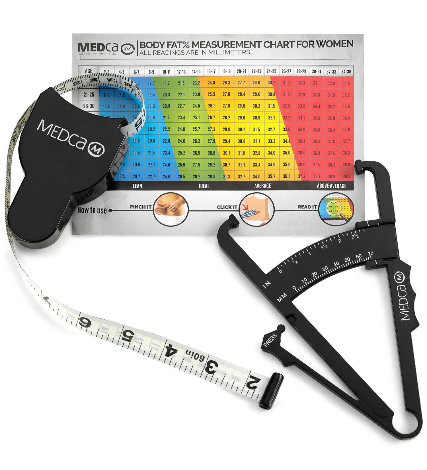 Body Fat Caliper and Measuring Tape Set - Accurate BMI Skin Fold Measurement Tool for Fitness and Weight Loss - Black - Buy Online on GoSupps.com