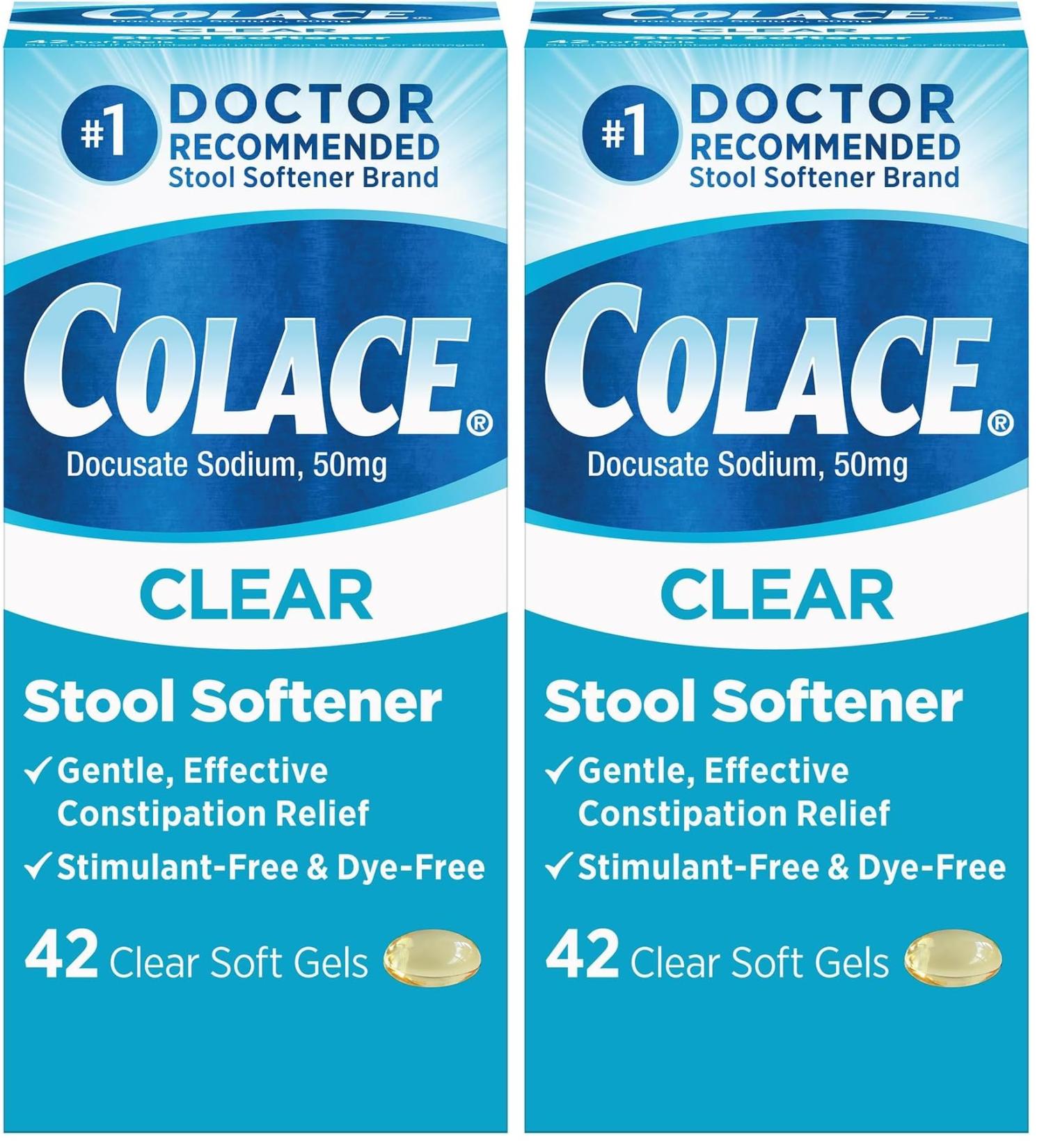 Colace Clear Stool Softener Soft Gel Capsules Constipation Relief 50mg Docusate Sodium Doctor Recommended 42ct (Pack of 2) - Buy Online on GoSupps.com