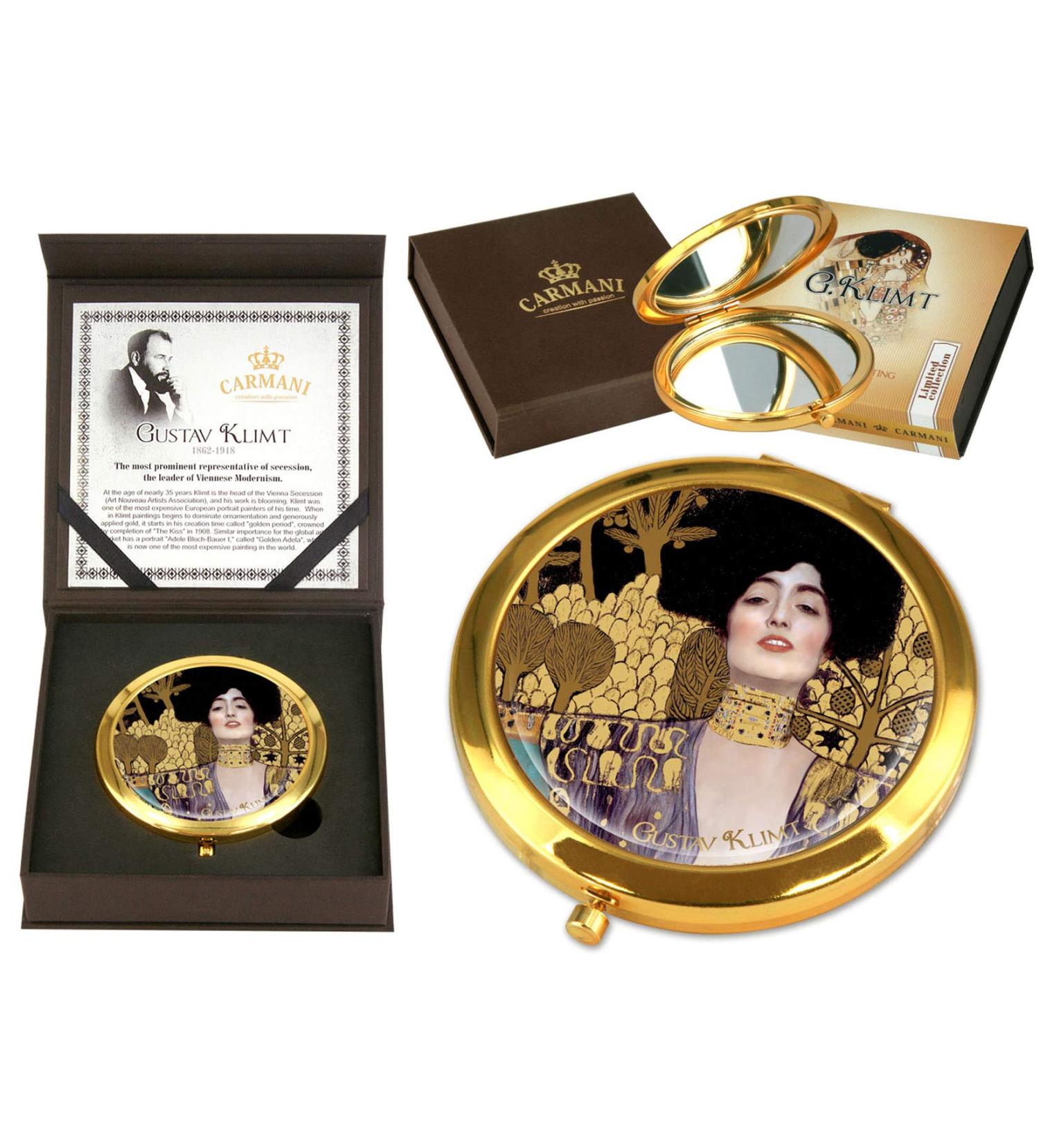CARMANI - Gustav Klimt 'Judith'Pocket Mirror Gold Plated Bronze Make-up Compact Travel Mirror