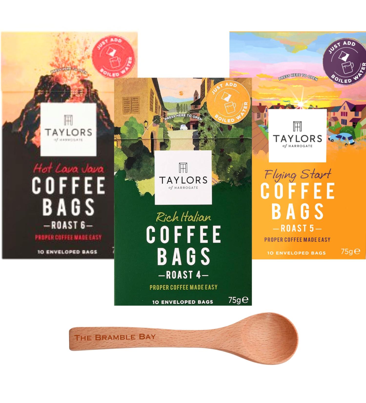 Taylors Coffee Bags bundle contains Hot Lava Java Rich Italian Flying Start 10 Bags each Pack of 3 x 75g Wooden Spoon - Buy Online on GoSupps.com