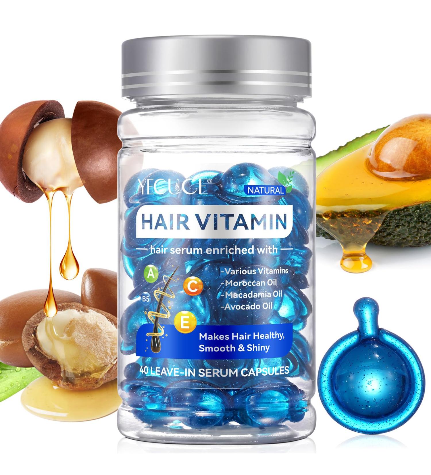 Hair Vitamin Serum Capsules - Leave-in Anti Frizz Conditioner for All Hair Types | 40 Capsules with Vitamins A C E & Pro B5 - Men's & Women's Hair Treatment - Buy Online on GoSupps.com