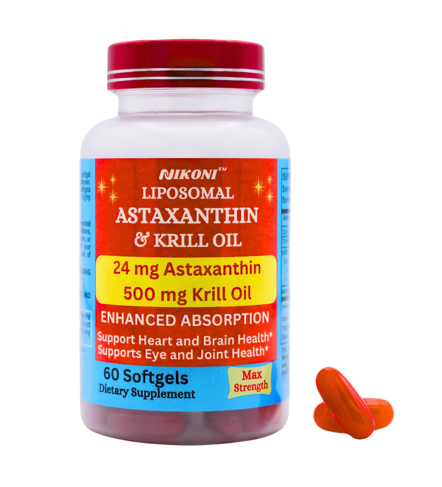 Nikoni Liposomal Astaxanthin 24mg with Kril Oil 500mg Supplement, 60 softgels 60 Softgelss - Buy Online on GoSupps.com