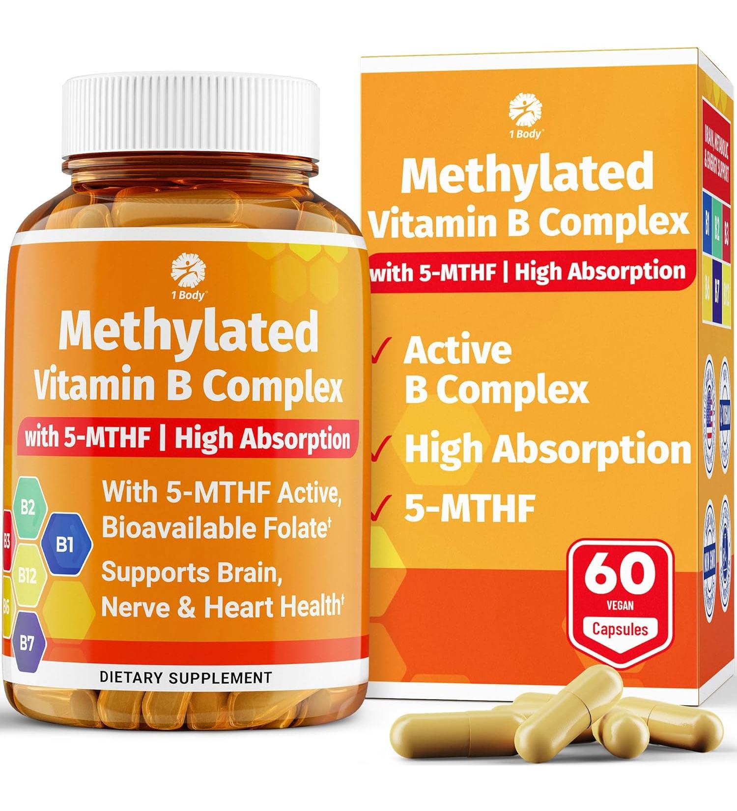 Vitamin B Complex with 5-MTHF Folate, B1, B2, B5, B6, Methyl B12, Niacin, Biotin - Stress & Heart Health Support - Buy Online on GoSupps.com