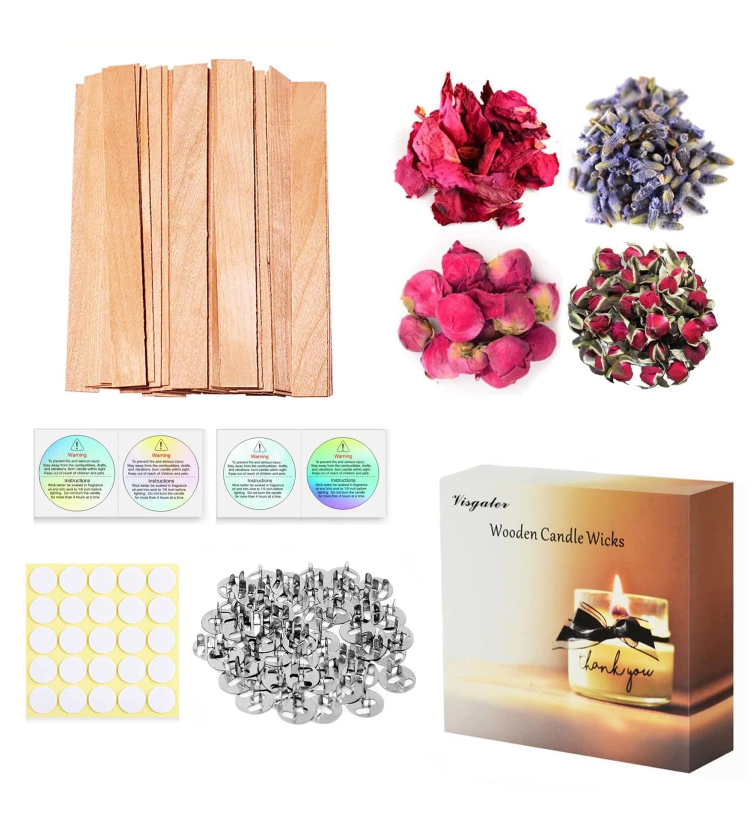 Visgaler 150 Pcs Thickened Wood Wicks for Candle Making | Made in USA | Smokeless Crackling Wooden Wicks with Stand and Extras | 50 Sets with Dry Flower | Premium Quality - Buy Online on GoSupps.com