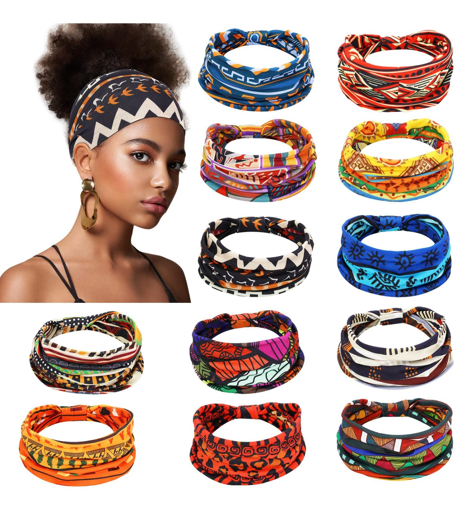 African Headband Set - 12 Pcs Knotted Wide Yoga Stretchy Bandeau for Women - Boho Elastic African Head Wraps - Hair Accessories for Girls - Perfect for Workout and Sports - Buy Online on GoSupps.com