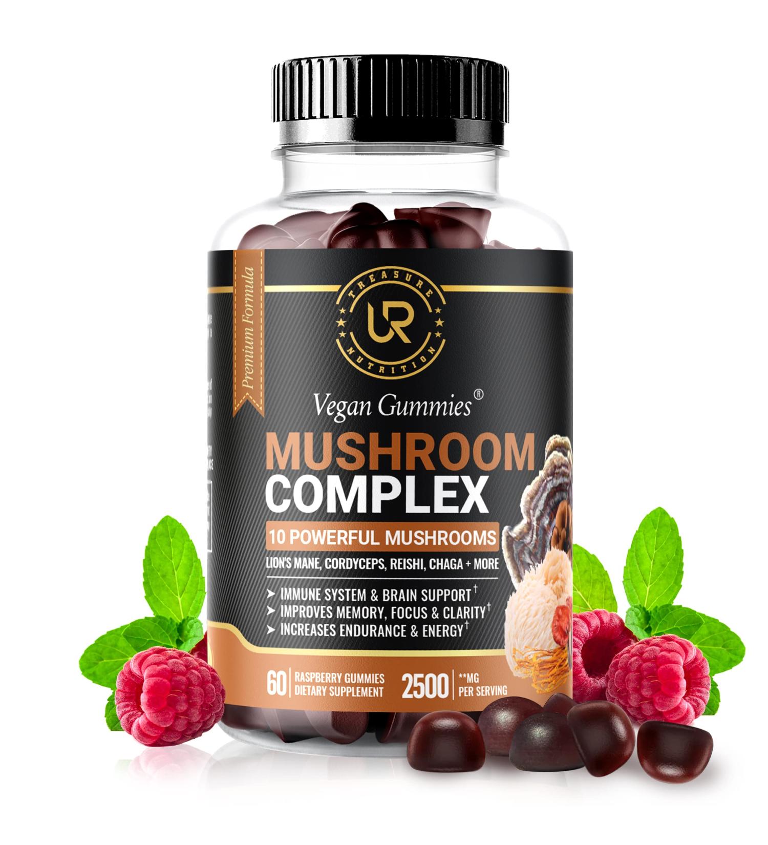 Mushroom Gummies 10 Supplement Blend 2500mg | Turkey Tail Chaga Reishi Cordyceps Lions Mane Extracts | Nootropic Brain Booster for Focus Memory Clarity Energy | 60ct - Buy Online on GoSupps.com