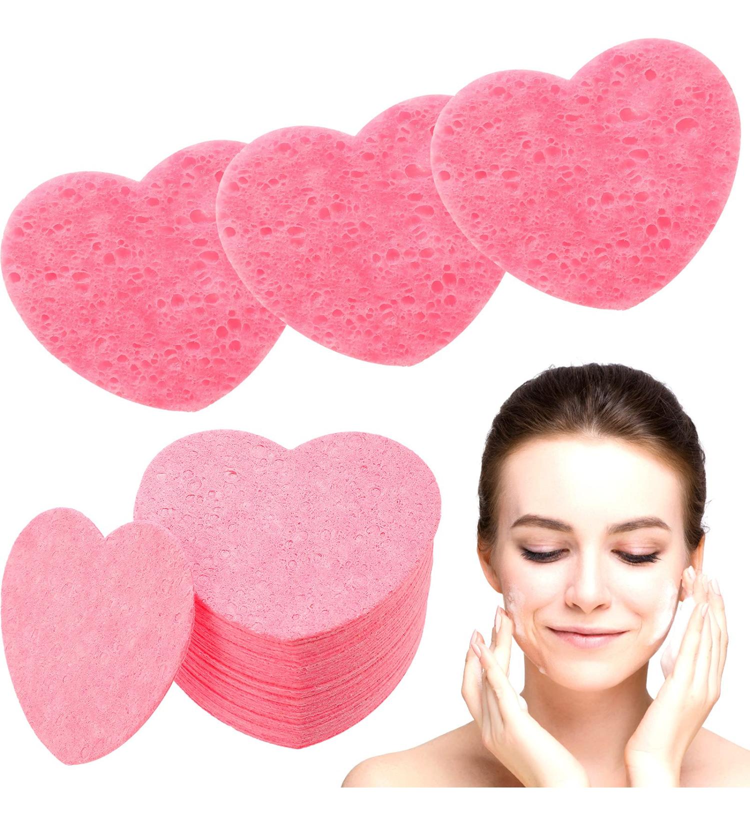 100 Heart Shape Facial Sponges | Natural Cellulose | Reusable Makeup Remover Sponge | Exfoliating Face Cleansing Sponge - Pink - Buy Online on GoSupps.com