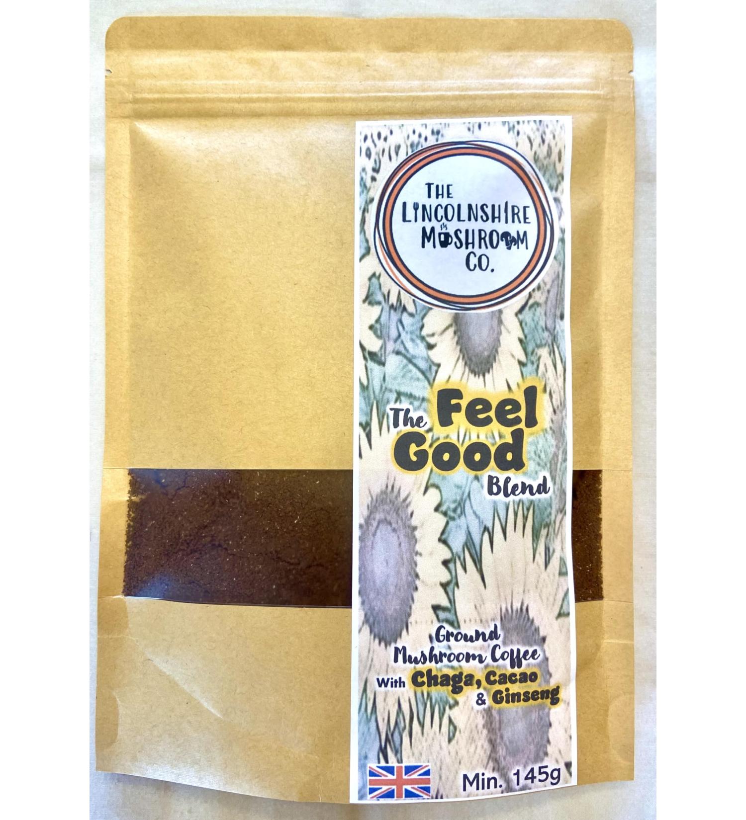 Chaga Cacao & Ginseng Adaptogenic Ground Mushroom Coffee 145g -The Feel Good Blend- The Lincolnshire Mushroom Co. - Buy Online on GoSupps.com