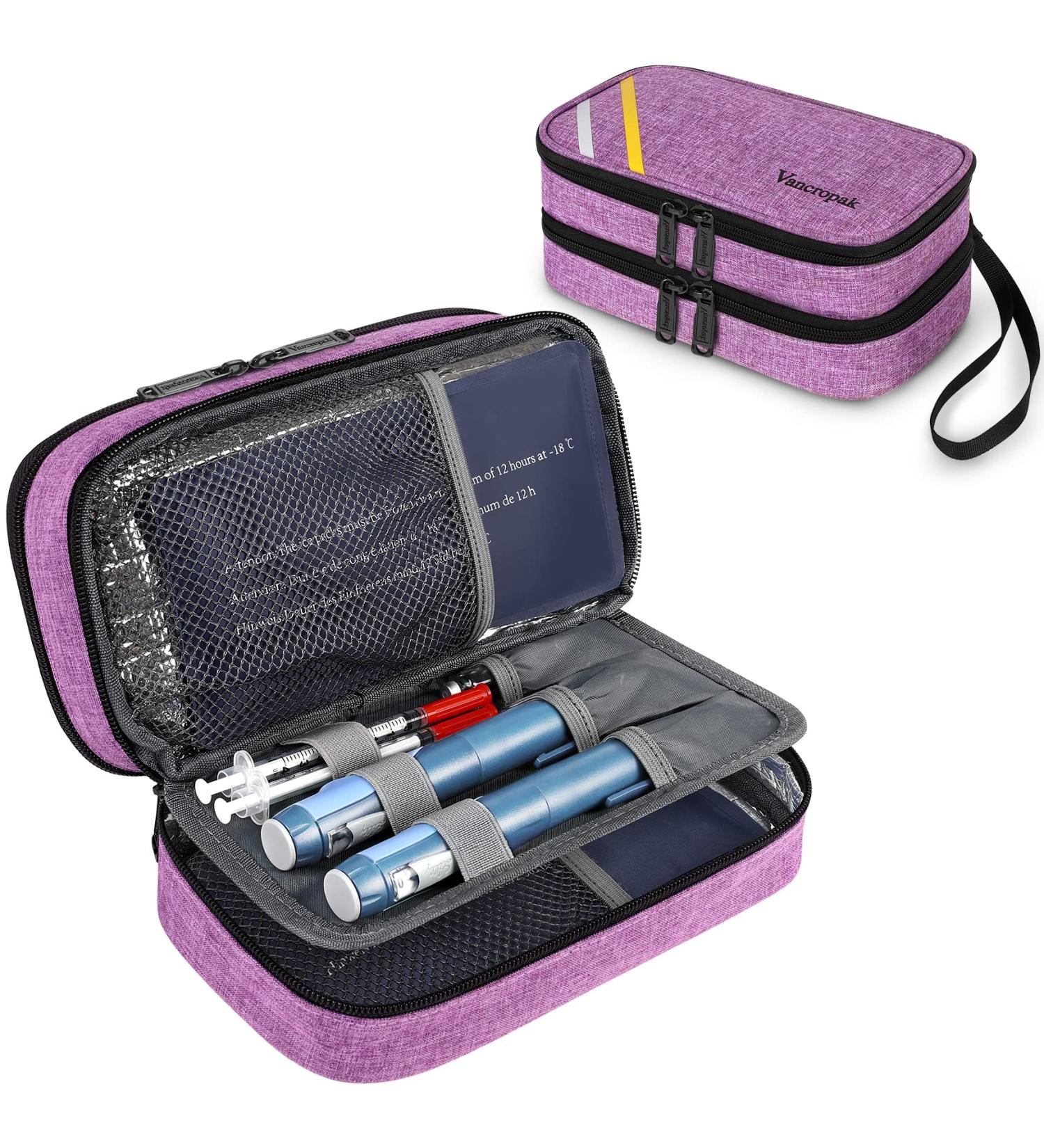 Diabetic Travel Case for Women | Double Layer Insulin Cooler with Ice Packs | Pen & Medication Storage Pockets | Purple - Buy Online on GoSupps.com