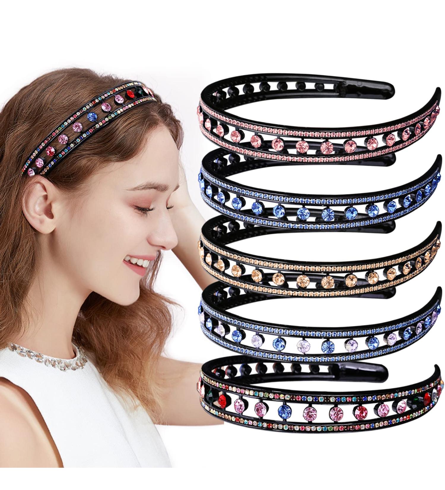 INLAZYTIM 5 Pack Rhinestone Headbands for Women & Girls - Sparkly Double Row Hair Hoop with Non-Slip Teeth Comb - Fashion Crystal Hair Accessories - Buy Online on GoSupps.com