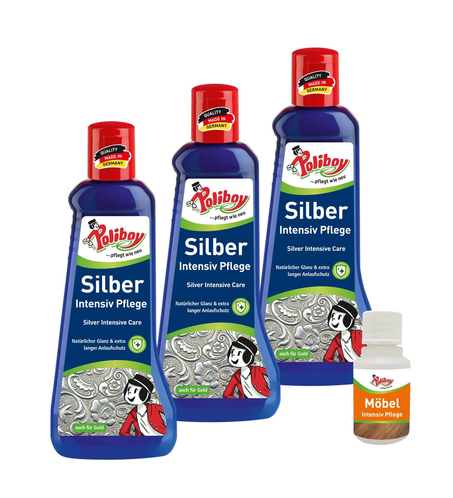 Poliboy silver intensive care - gentle polishing agent for silver jewelry - 3x 200 ml - with product sample - Made in Germany Silver Nursing 200 ml (3 Series Pack)