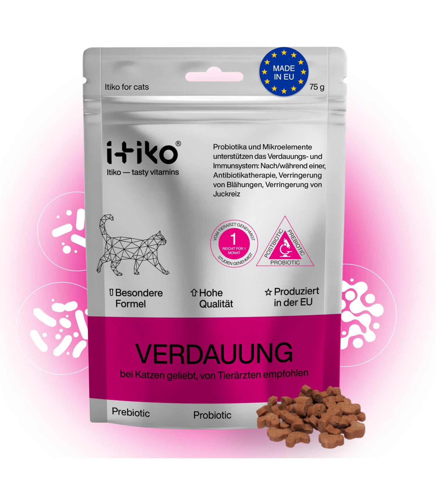 Itiko Digestive Snacks for Cats - Probiotic Treats - Promotes Digestion - Alternative to Clay - Psyllium for Diarrhea - Food Supplement for Cats - Buy Online on GoSupps.com