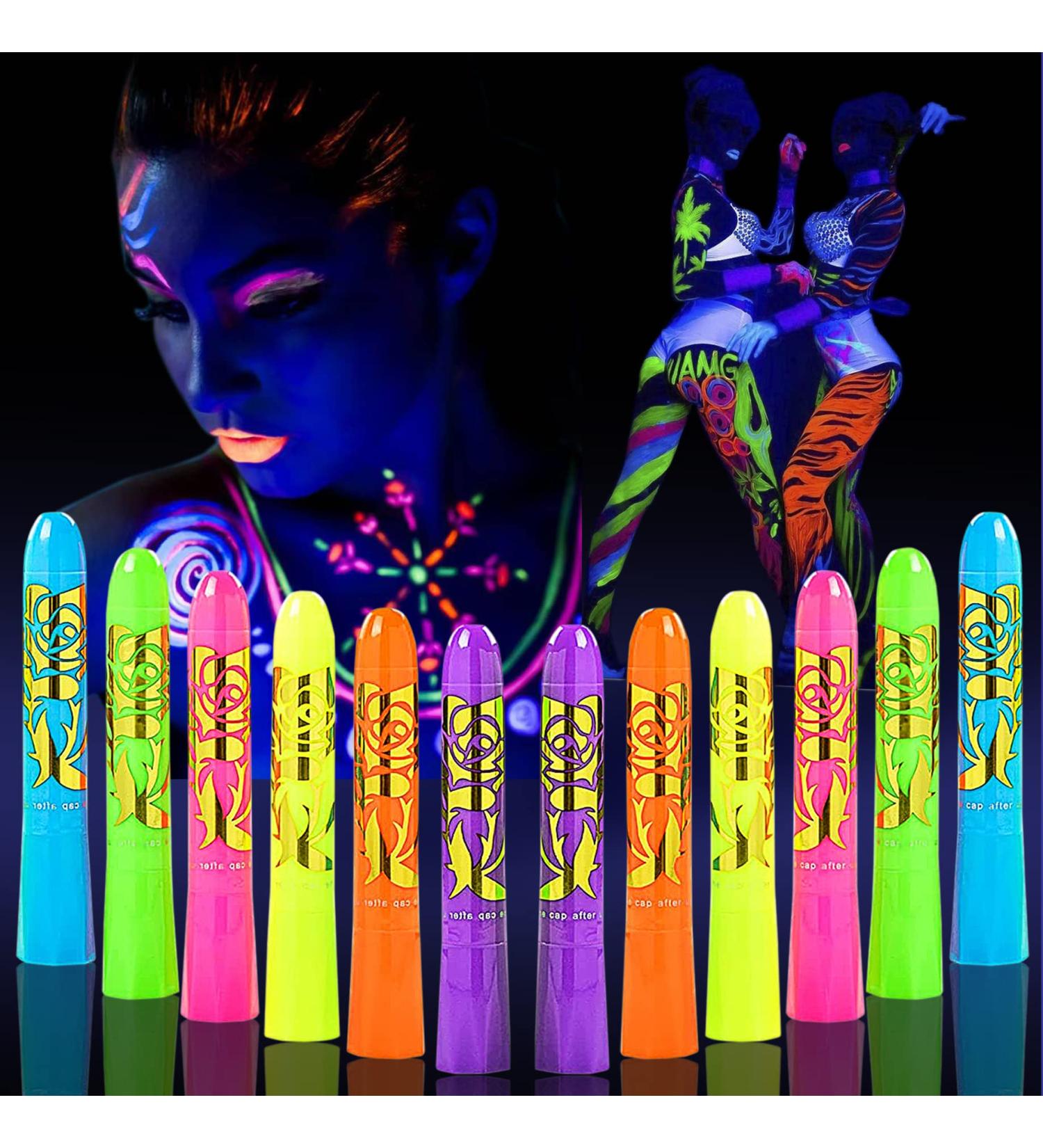 Glow in The Dark Face Body Paint Set - 12 Pcs UV Black Light Makeup Kit for Kids & Adults - Non-Toxic Fluorescent Face Paint Crayons for Halloween & Masquerade - Buy Online on GoSupps.com