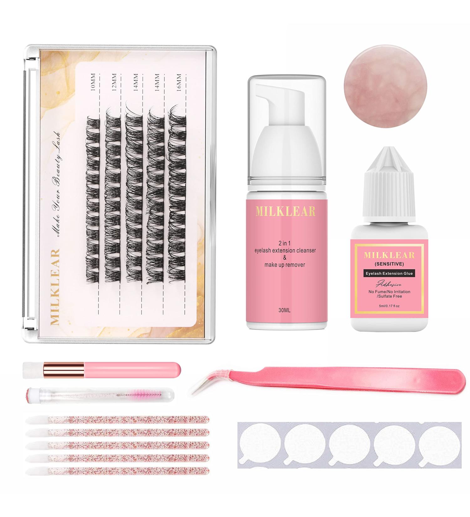 Milklear DIY Eyelash Extension Kit | Strong Hold 3 Weeks | D Curl 10-16mm Mixed Cluster Lashes | Sensitive Glue, Tweezers, Lash Shampoo & Brushes - Buy Online on GoSupps.com