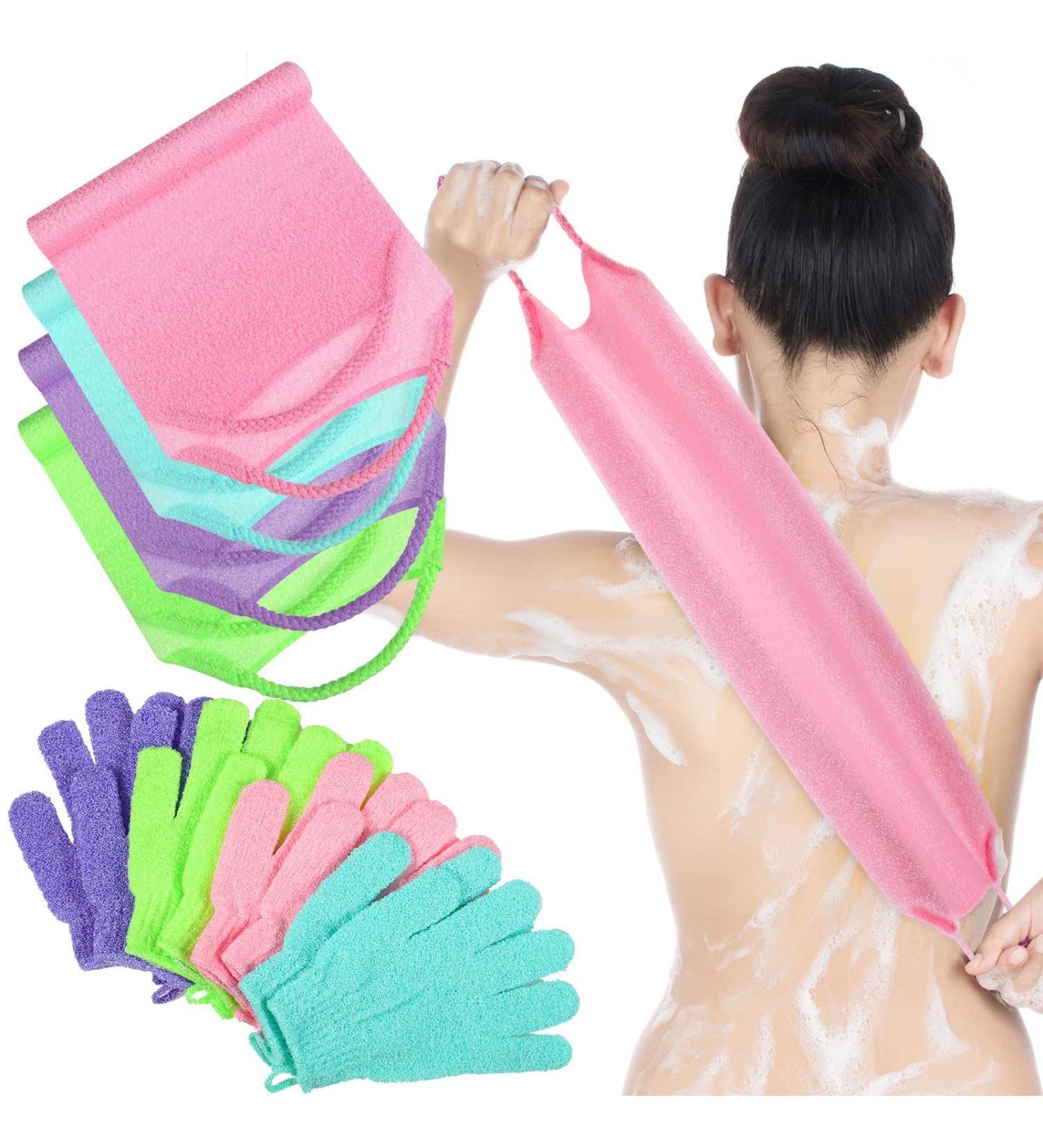 Breling Exfoliating Back Scrubber Set - 8 Pieces | Shower Gloves for Women, Men & Children | Stretchable Pull Strap Washcloth | Pink, Purple, Blue, Green - Buy Online on GoSupps.com