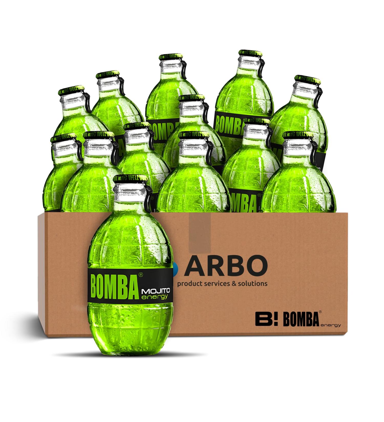 Bomba energy drink Mojito limemint 12 x 250 ml refreshing drink in stylish glass bottle in 12pack + ArBoLiving sticker - Buy Online on GoSupps.com